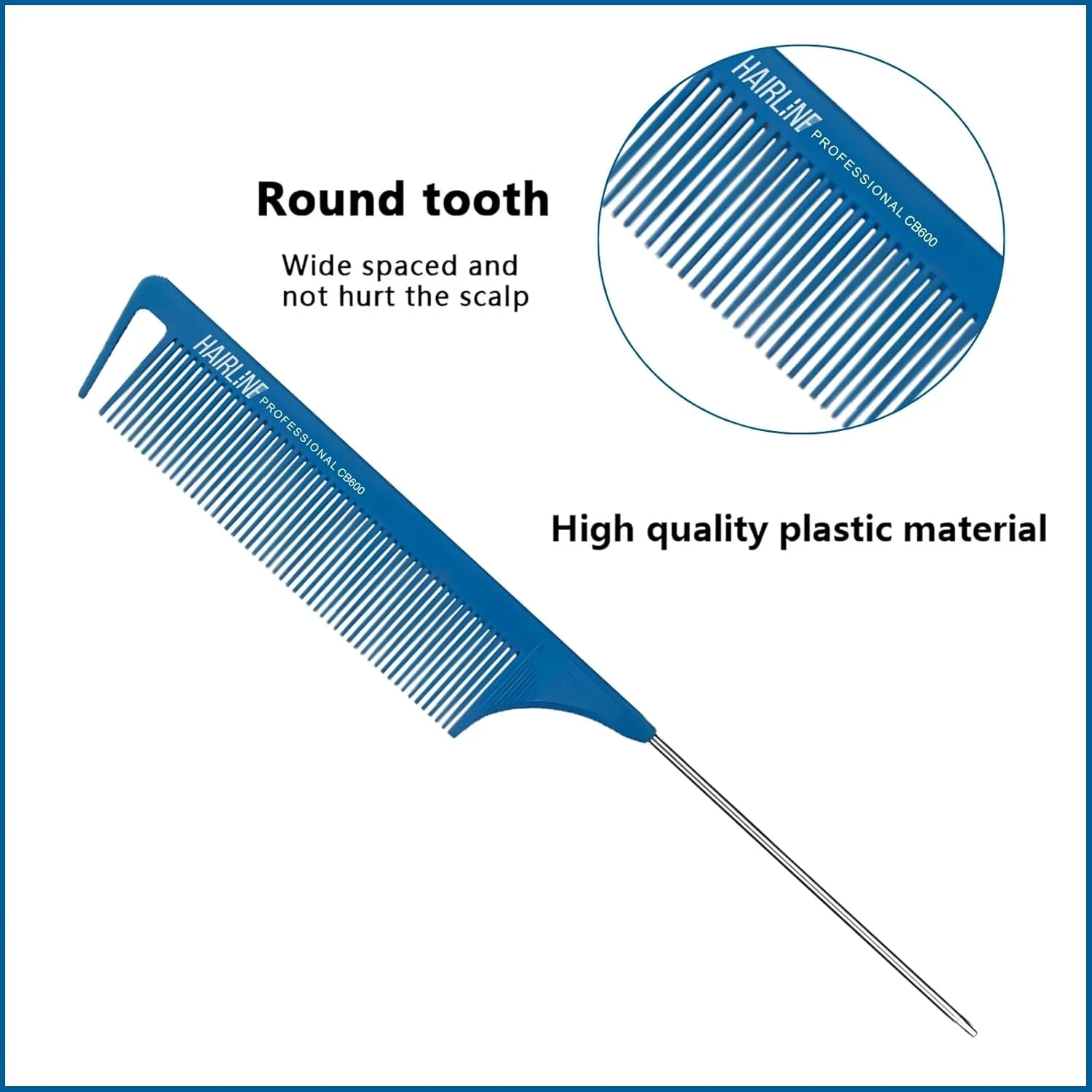 شانه دندانه ریز حرفه ای Hair Line از جنس فیبر کربن با پین دم موشی استیل ضد زنگ برای تقسیم مو، بافتن و حالت دادن مو برای مردان، زنان و کودکان - آبی