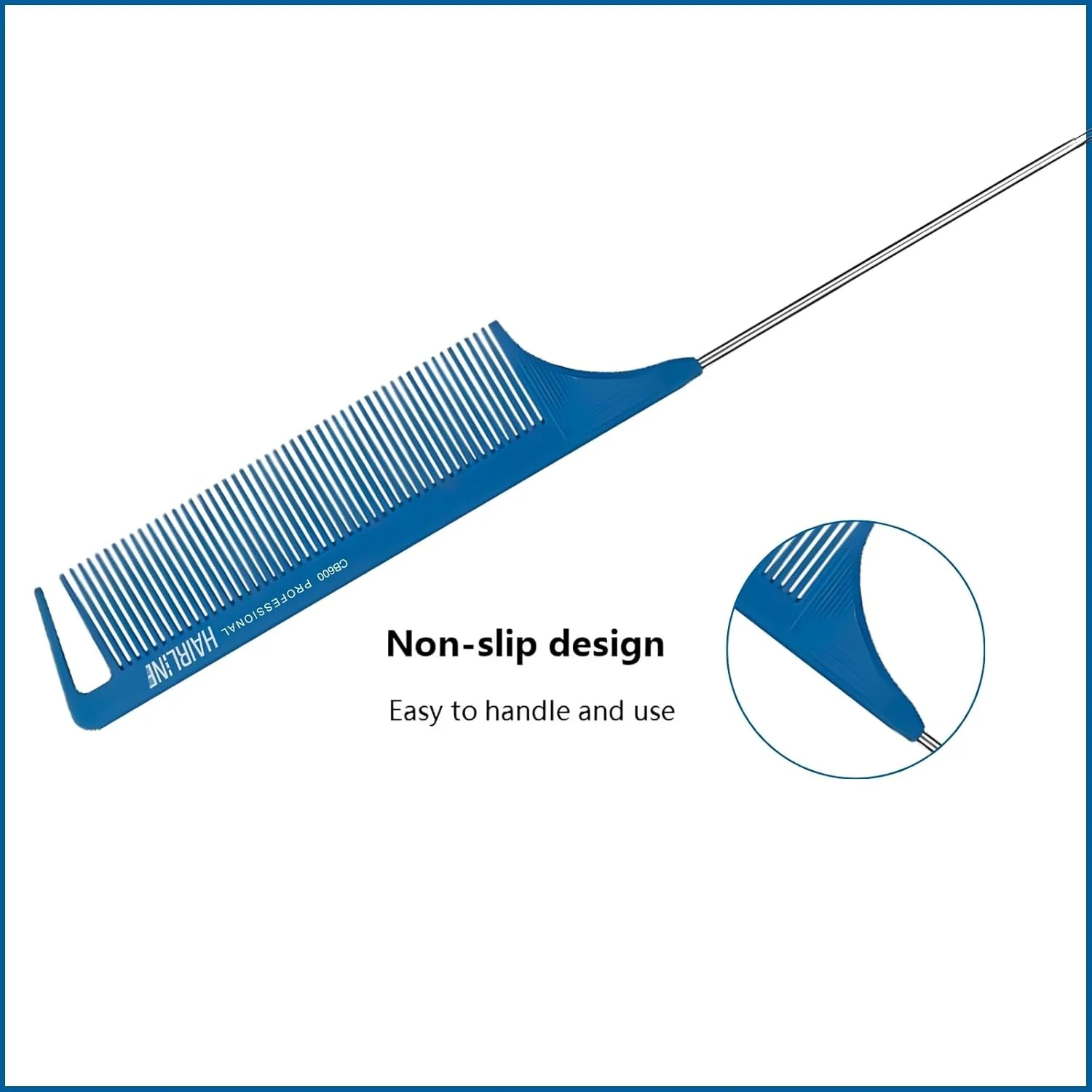 شانه دندانه ریز حرفه ای Hair Line از جنس فیبر کربن با پین دم موشی استیل ضد زنگ برای تقسیم مو، بافتن و حالت دادن مو برای مردان، زنان و کودکان - آبی