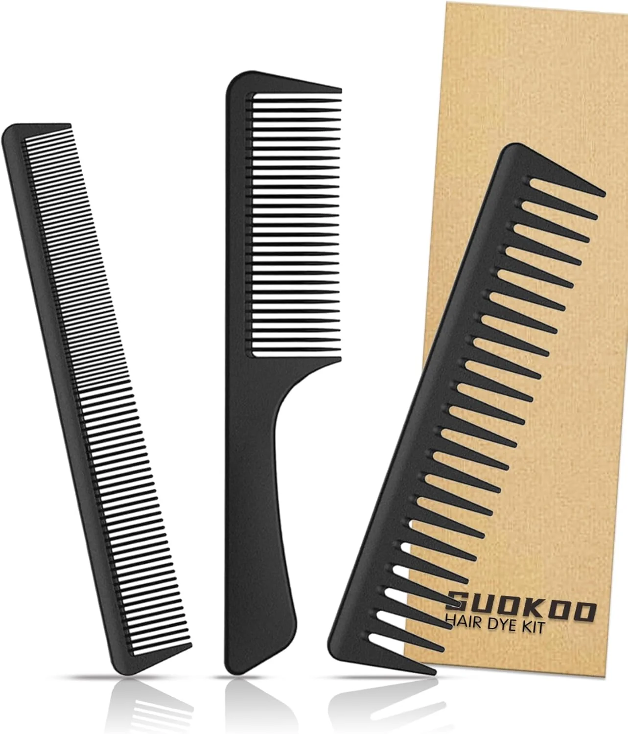 مجموعه شانه مو 3 تکه Guokoo - کیت حرفه ای آرایشگری - شانه دندانه ریز و پهن، شانه دم موشی، شانه مو فرفری، شانه های مقاوم در برابر حرارت برای زنان و مردان - مشکی