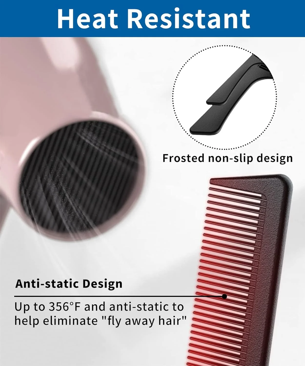 مجموعه شانه مو 3 تکه Guokoo - کیت حرفه ای آرایشگری - شانه دندانه ریز و پهن، شانه دم موشی، شانه مو فرفری، شانه های مقاوم در برابر حرارت برای زنان و مردان - مشکی