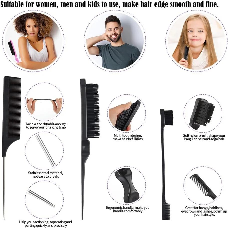 ست شانه مو GlamorDove، شامل 3 عدد برس پوش دهنده مو، شانه دم موشی، برس حالت دهنده لبه مو برای حالت دادن، بافتن، باز کردن گره مو، فیبر کربن، مقاوم در برابر حرارت