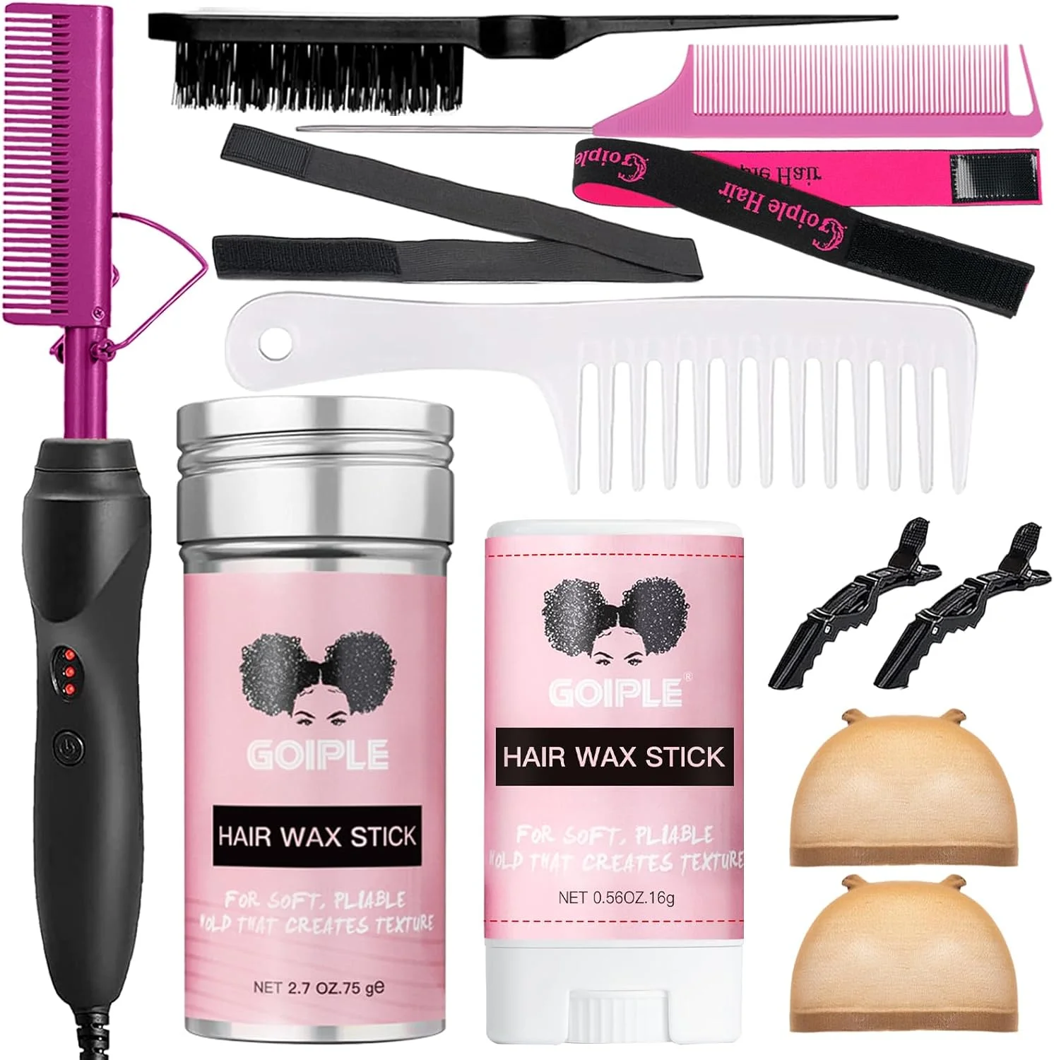 شانه برقی داغ Goiple، اتو موی صورتی، شانه صاف کننده برقی، فر کننده مو برای موهای طبیعی مشکی، کلاه گیس با دندانه پهن/شانه دم موشی، چسب مو، کلاه گیس، کش مو، گیره مو