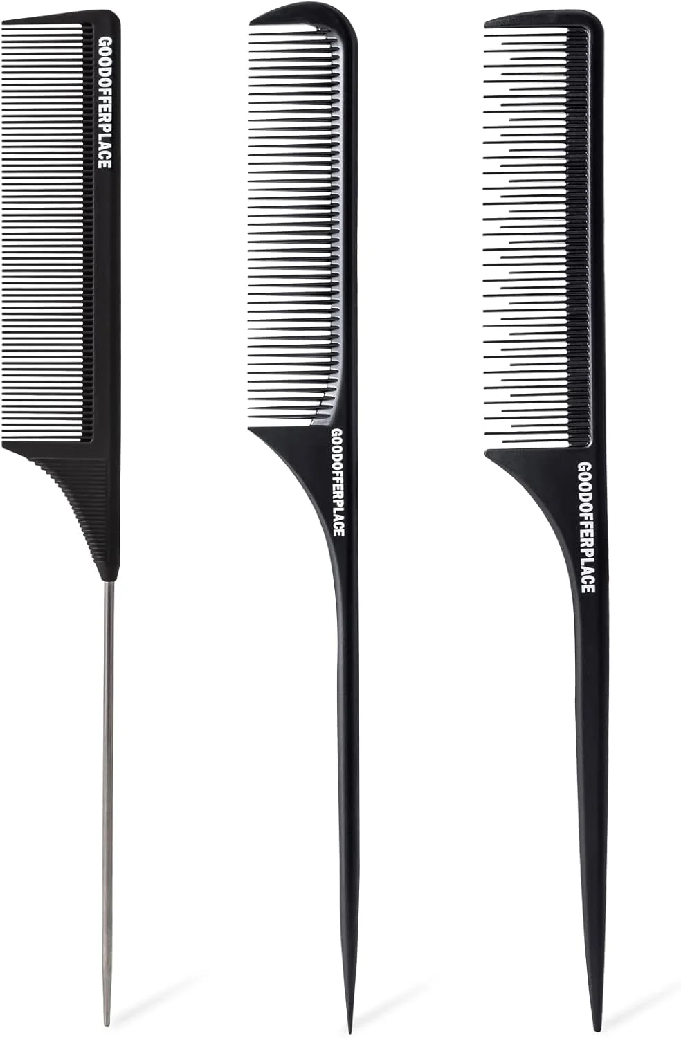 مجموعه 3 عددی شانه دم موشی Goodofferplace، شانه های دم باریک، شانه های دندانه ریز، شانه فلزی جداکننده مو، مناسب برای خانم ها و دختران (مشکی)