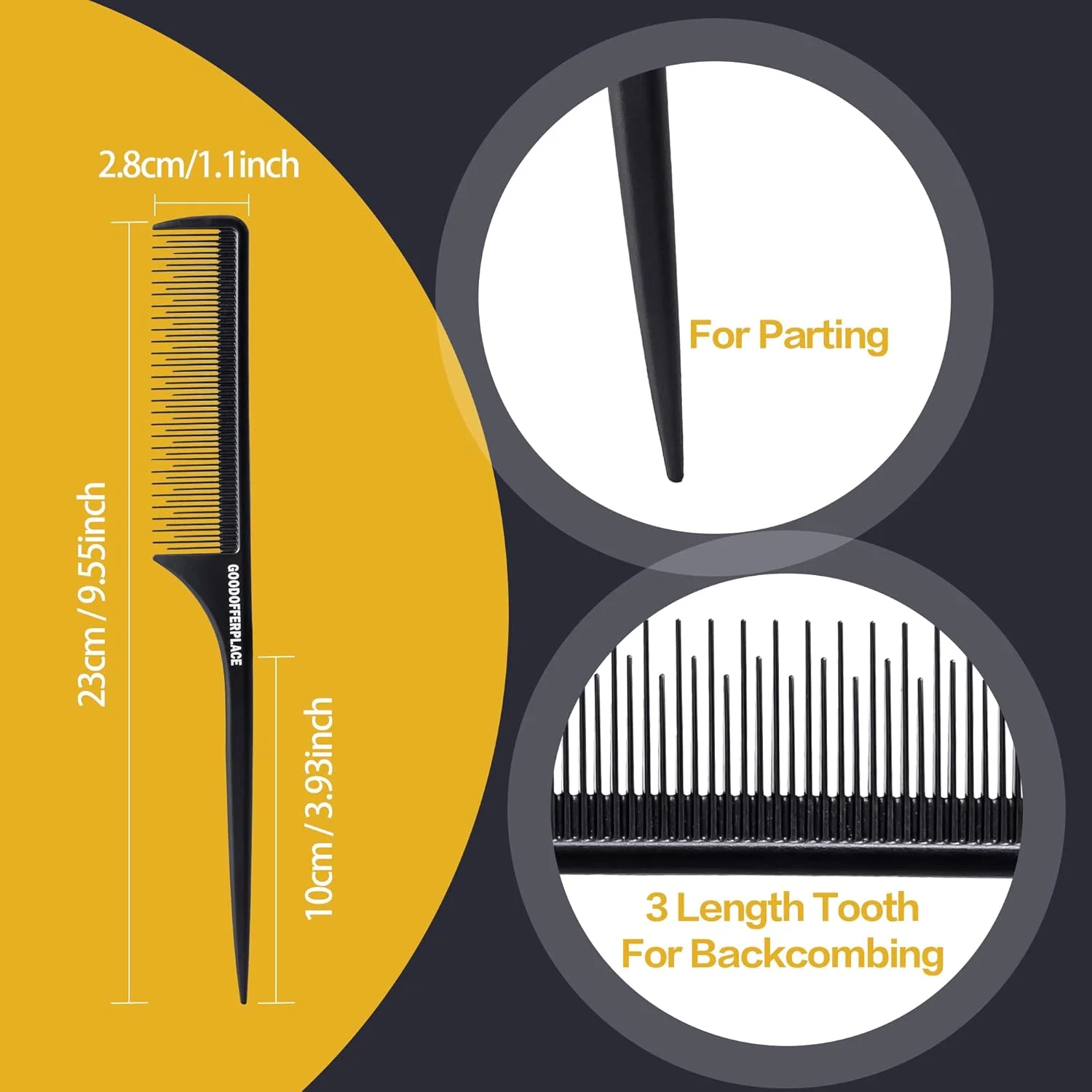 مجموعه 3 عددی شانه دم موشی Goodofferplace، شانه های دم باریک، شانه های دندانه ریز، شانه فلزی جداکننده مو، مناسب برای خانم ها و دختران (مشکی)