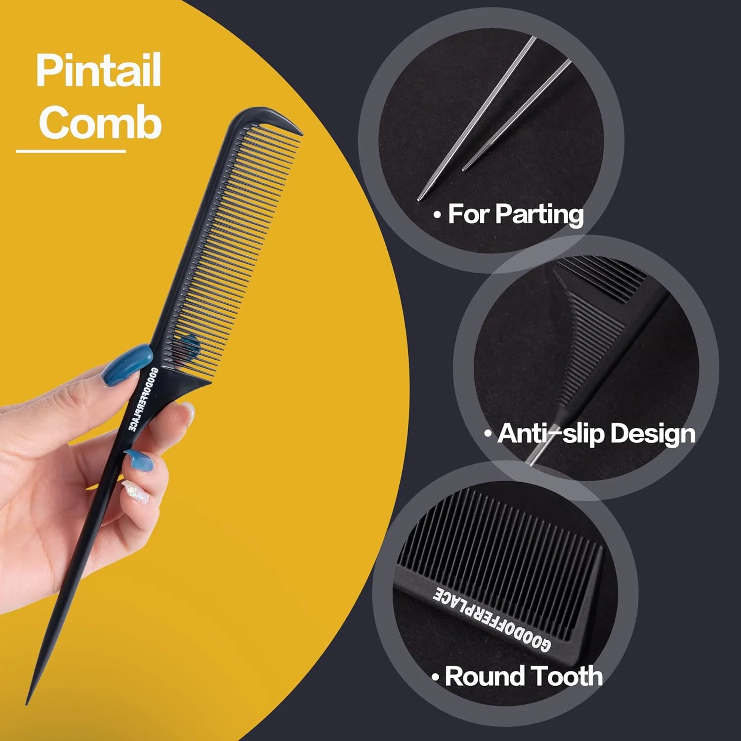 مجموعه 3 عددی شانه دم موشی Goodofferplace، شانه های دم باریک، شانه های دندانه ریز، شانه فلزی جداکننده مو، مناسب برای خانم ها و دختران (مشکی)