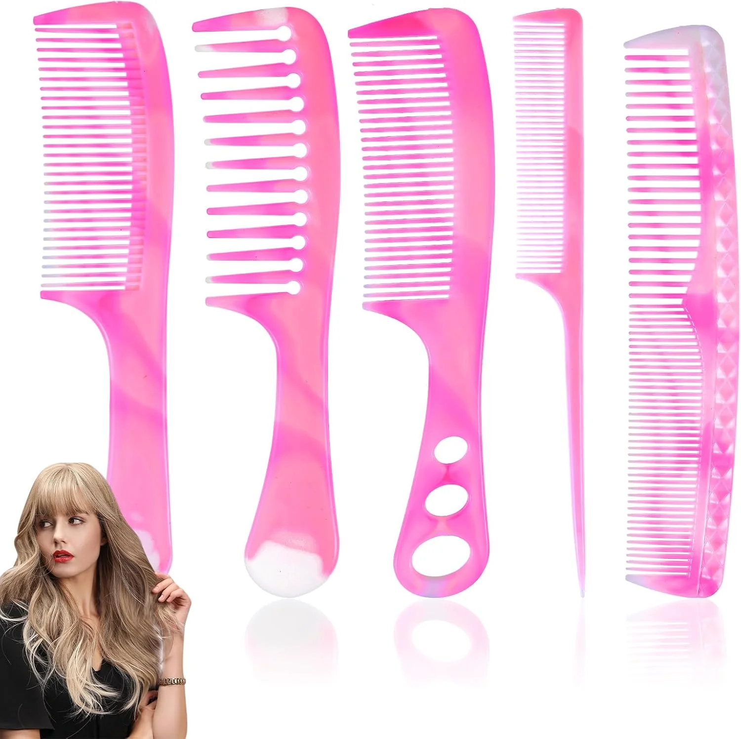 مجموعه شانه مو 5 عددی صورتی Gjinxi، دندانه پهن فیبر کربنی ممتاز، دندانه ریز، دم موشی، برای پوش دادن و جدا کردن مو، شانه‌های حرفه‌ای برای آرایشگر مو و خانم‌ها