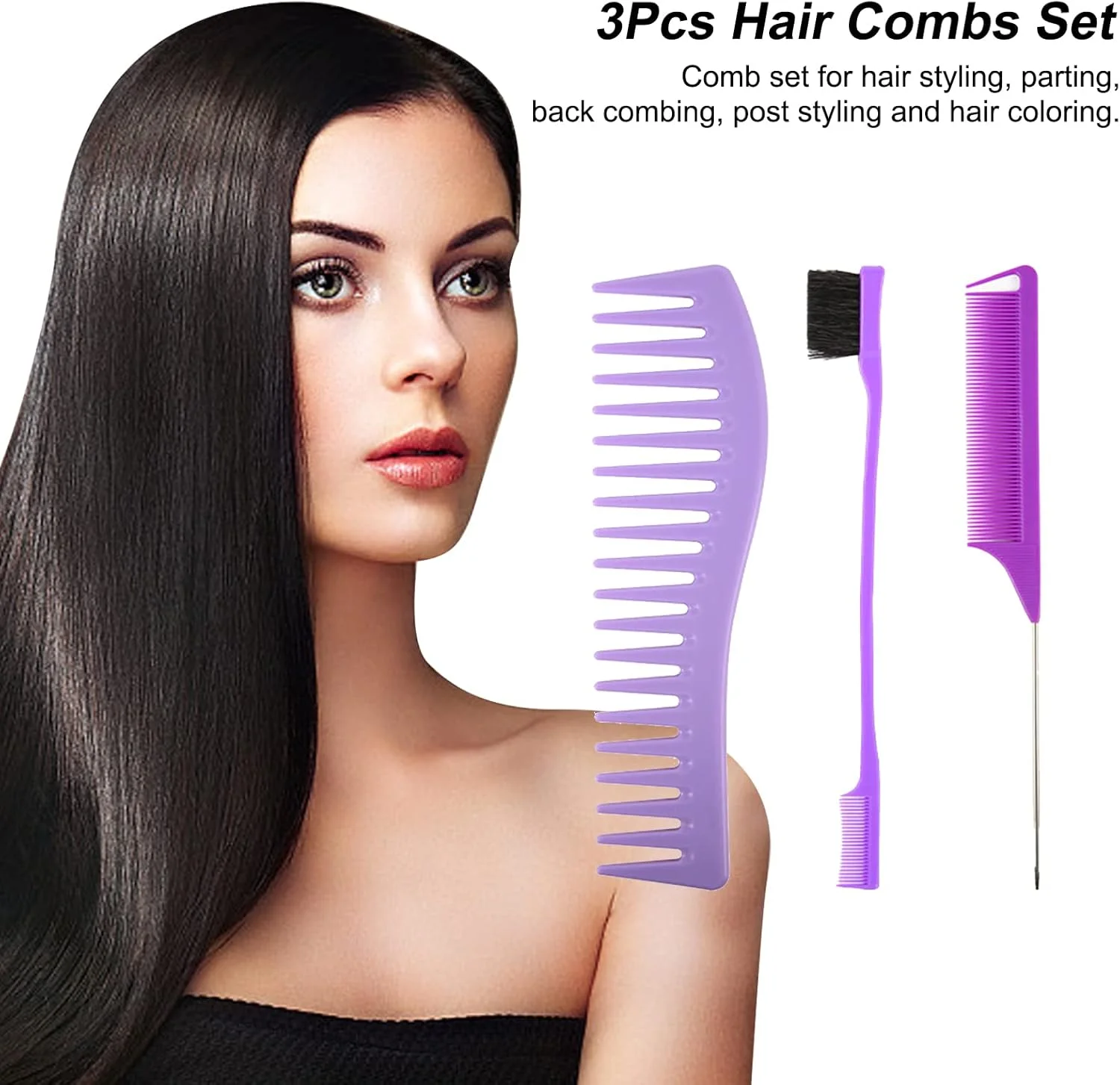 ست شانه مو 3 عددی شامل شانه دندانه ریز و درشت، شانه دم باریک، شانه برش مو، برس کنترل لبه دو طرفه ضد الکتریسیته ساکن برای آقایان و بانوان