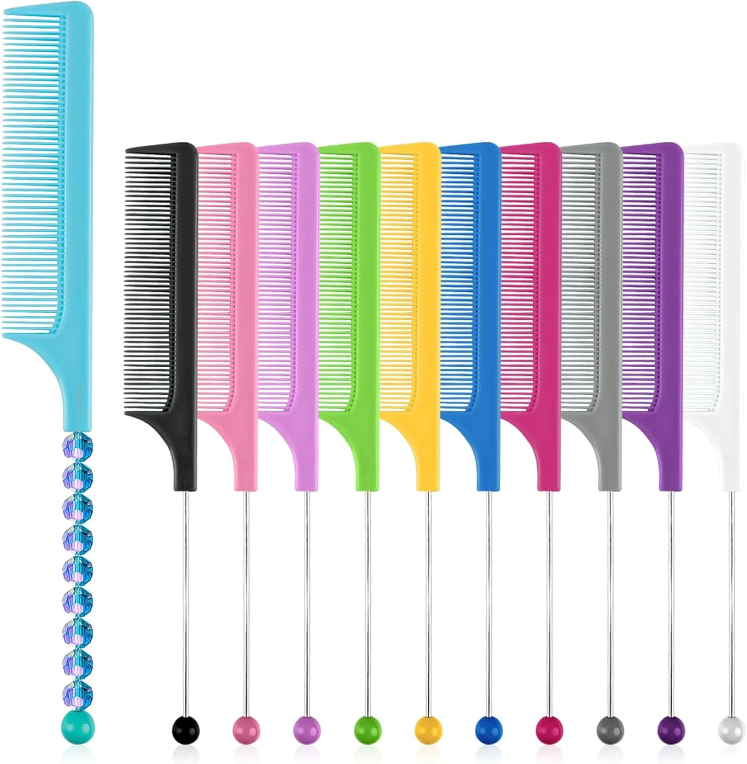 Framendino، بسته 11 عددی شانه های مهره دار DIY شانه موی مهره دار شانه های دم موشی پلاستیکی با میله برای آرایشگر مو 11 رنگ
