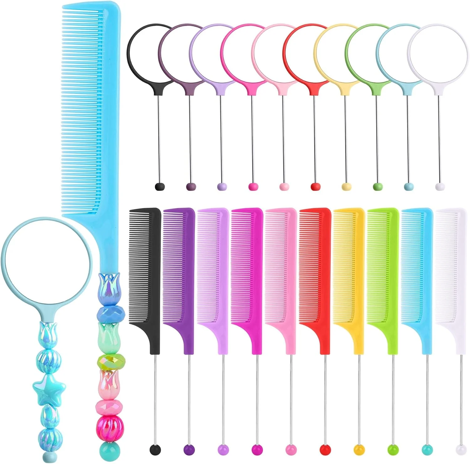 Framendino، بسته 10 عددی شانه مهره دار DIY به همراه بسته 10 عددی آینه، دسته دم موشی پلاستیکی برای صنایع دستی، رنگ های مختلف