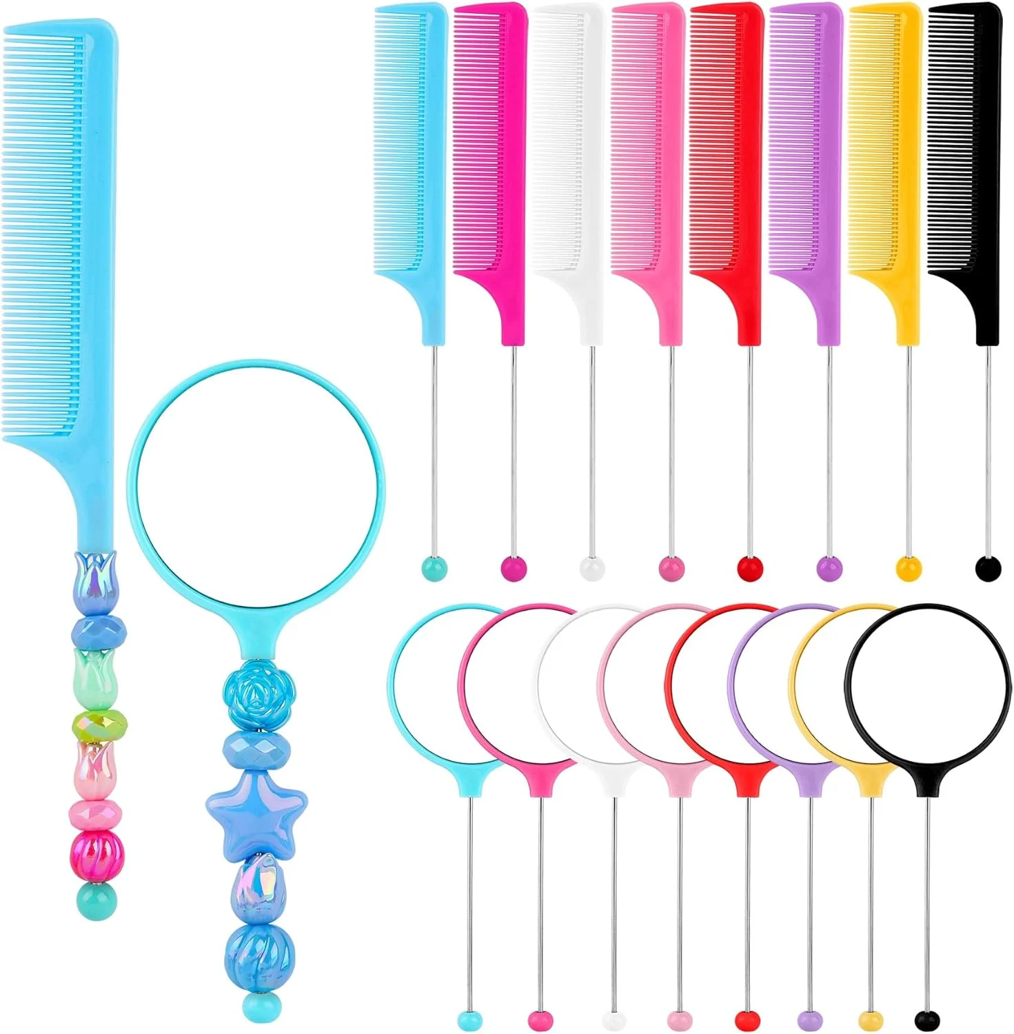 فرامندینو، بسته 8 عددی شانه های مهره دار DIY به همراه 8 عدد آینه مهره دار، شانه های دم موشی پلاستیکی و آینه های دستی با دسته برای صنایع دستی DIY