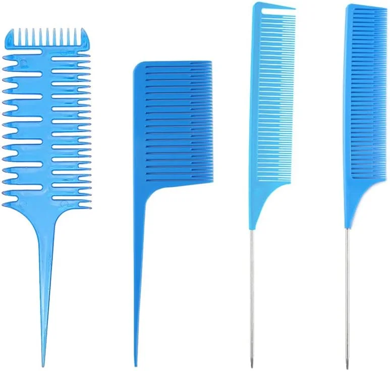 شانه حالت دهنده مو کودک فاکس، شانه حالت دهنده حرفه ای هایلایت فلزی دم موشی، شانه پوش دهنده، شانه رنگ مو، شانه فویل برای آرایشگر خانگی، آرایشگر، حالت دهی و بافت مو (4 عدد آبی)