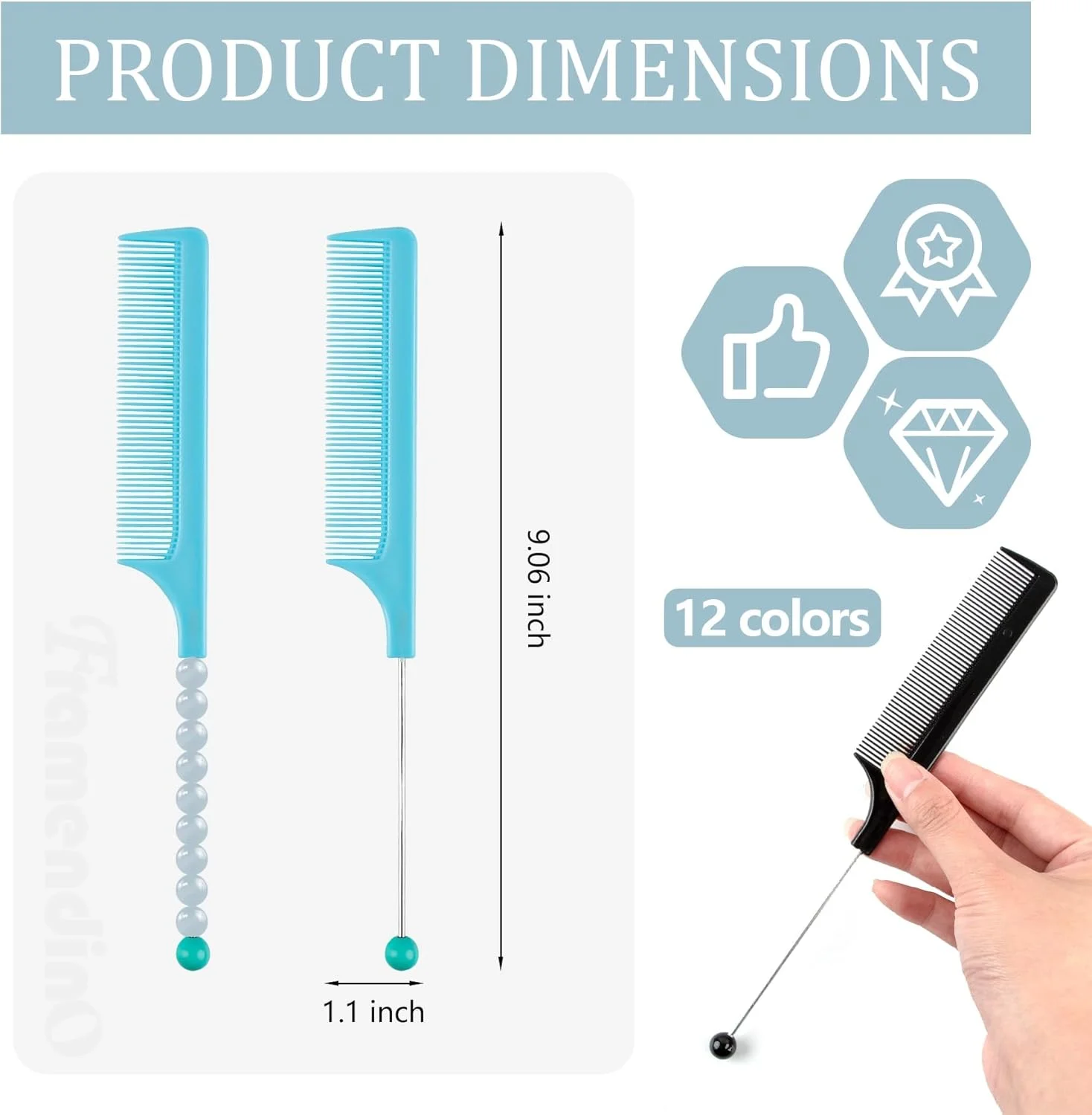 Framendino، بسته 11 عددی شانه های مهره دار DIY شانه موی مهره دار شانه های دم موشی پلاستیکی با میله برای آرایشگر مو 11 رنگ