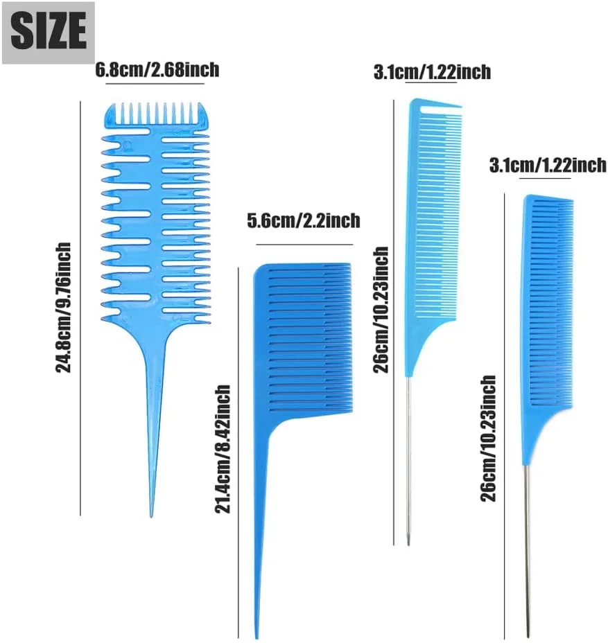 شانه حالت دهنده مو کودک فاکس، شانه حالت دهنده حرفه ای هایلایت فلزی دم موشی، شانه پوش دهنده، شانه رنگ مو، شانه فویل برای آرایشگر خانگی، آرایشگر، حالت دهی و بافت مو (4 عدد آبی)