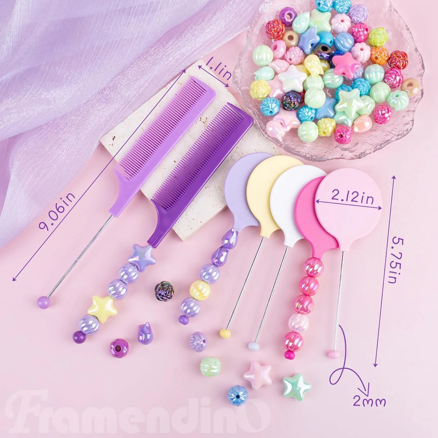 Framendino، بسته 10 عددی شانه مهره دار DIY به همراه بسته 10 عددی آینه، دسته دم موشی پلاستیکی برای صنایع دستی، رنگ های مختلف