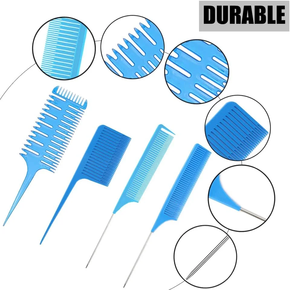 شانه حالت دهنده مو کودک فاکس، شانه حالت دهنده حرفه ای هایلایت فلزی دم موشی، شانه پوش دهنده، شانه رنگ مو، شانه فویل برای آرایشگر خانگی، آرایشگر، حالت دهی و بافت مو (4 عدد آبی)