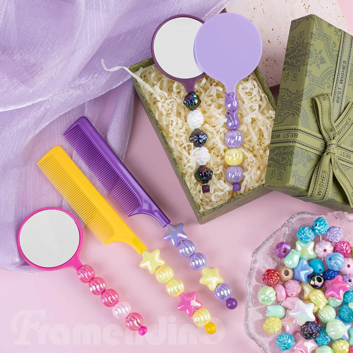 Framendino، بسته 10 عددی شانه مهره دار DIY به همراه بسته 10 عددی آینه، دسته دم موشی پلاستیکی برای صنایع دستی، رنگ های مختلف