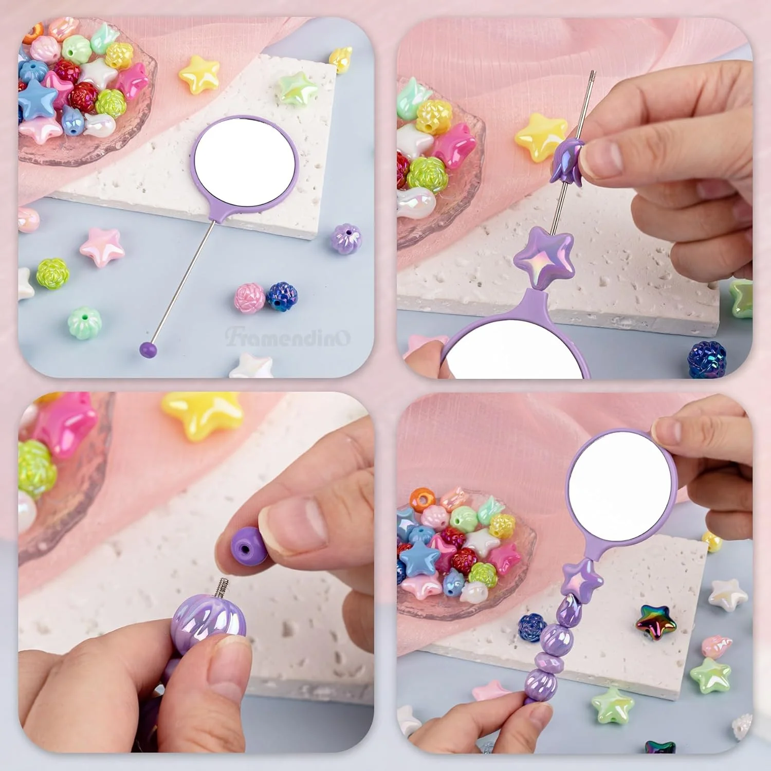 فرامندینو، بسته 8 عددی شانه های مهره دار DIY به همراه 8 عدد آینه مهره دار، شانه های دم موشی پلاستیکی و آینه های دستی با دسته برای صنایع دستی DIY