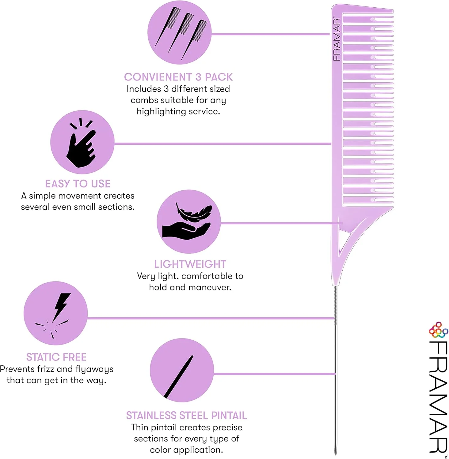 ست شانه هایلایت Dreamweaver فرامر - شانه برای آرایشگر مو، شانه هایلایت، شانه رنگ مو، شانه هایلایت مو با نوک فلزی، شانه بالیاژ - بسته 3 عددی پاستیلی