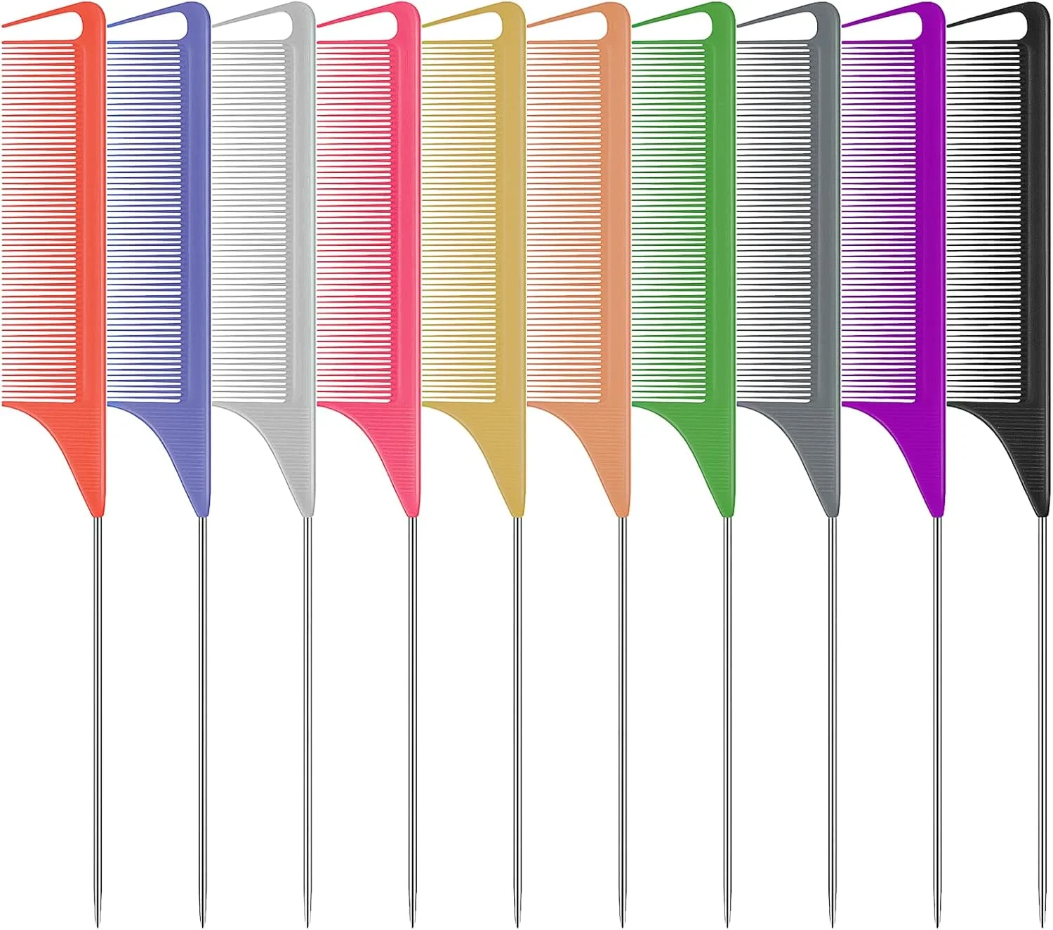 مجموعه شانه موی دم موشی 10 عددی FIRSTPELLA - شانه پوش دهنده مو با دندانه های ظریف برای زنان و دختران، شانه جداکننده برای بافتن مو، ابزار و لوازم حالت دهنده مو با پین دم فولادی ضد زنگ، فیبر کربن مقاوم در برابر حرارت