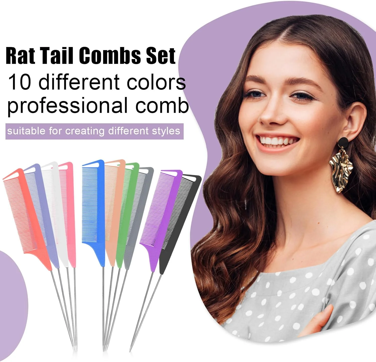 مجموعه شانه موی دم موشی 10 عددی FIRSTPELLA - شانه پوش دهنده مو با دندانه های ظریف برای زنان و دختران، شانه جداکننده برای بافتن مو، ابزار و لوازم حالت دهنده مو با پین دم فولادی ضد زنگ، فیبر کربن مقاوم در برابر حرارت