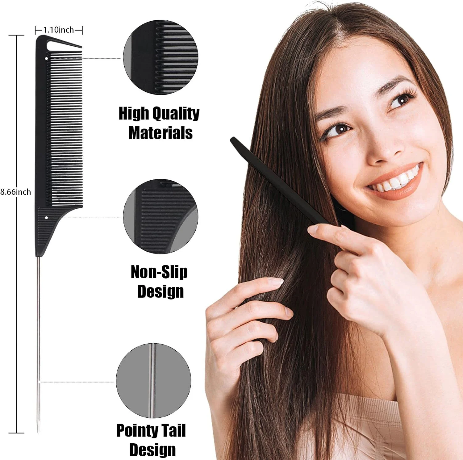 مجموعه شانه موی دم موشی 10 عددی FIRSTPELLA - شانه پوش دهنده مو با دندانه های ظریف برای زنان و دختران، شانه جداکننده برای بافتن مو، ابزار و لوازم حالت دهنده مو با پین دم فولادی ضد زنگ، فیبر کربن مقاوم در برابر حرارت