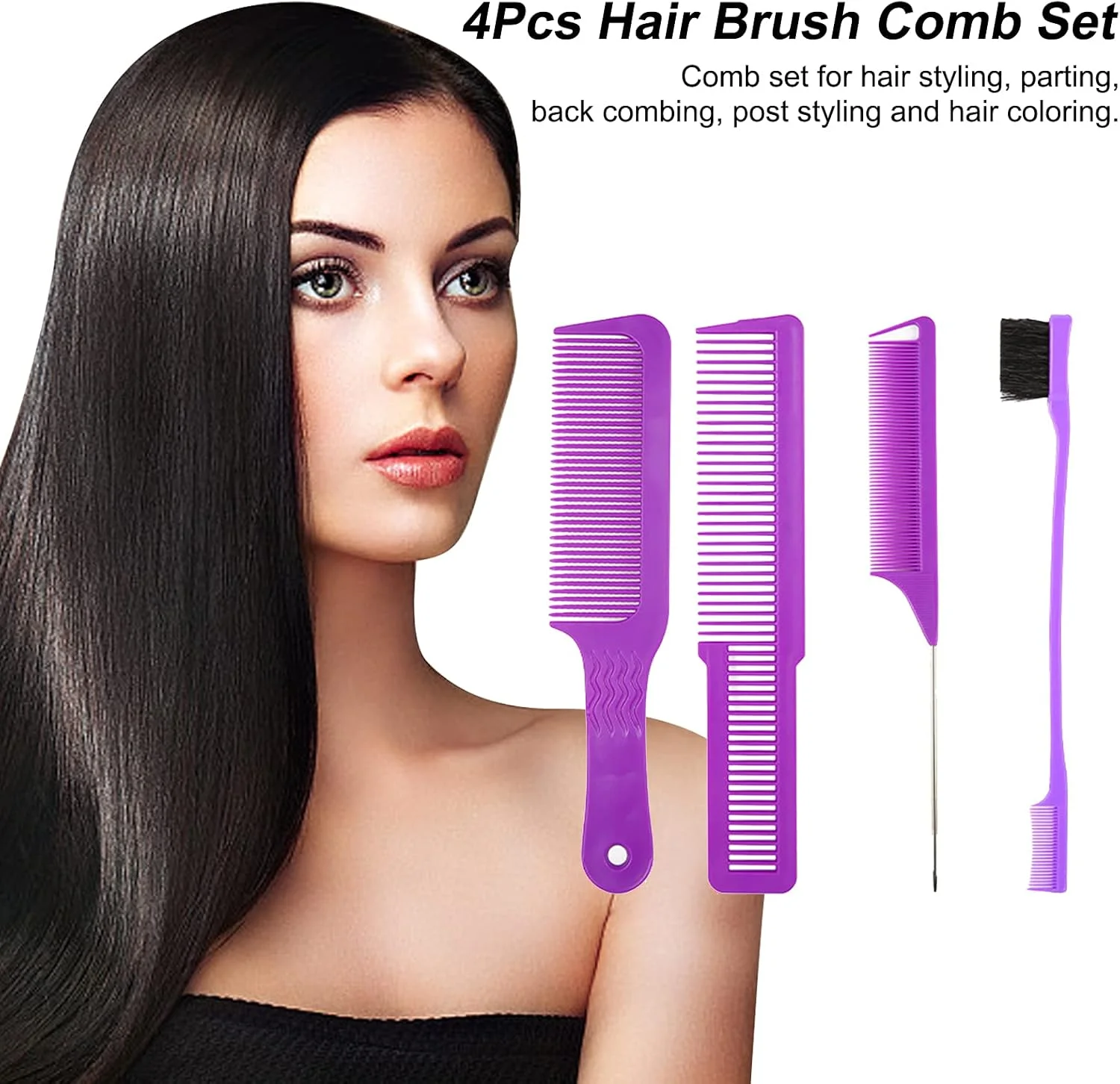 مجموعه شانه و برس مو Fawoonu شامل 4 عدد: شانه دندانه ریز، شانه دم موشی، برس موی کنترل لبه دو طرفه، شانه‌های آرایشگری