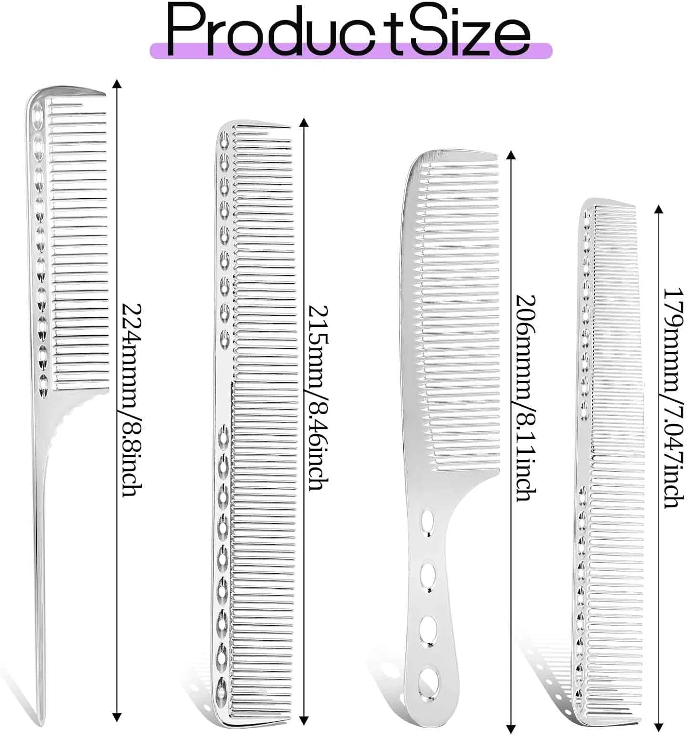 ست شانه فلزی حالت دهنده مو Defsedar، 4 نوع شانه آلومینیومی: شانه اصلاح، شانه دم موشی، شانه ضد گره و شانه دسته دار، برای خانم ها، شانه دم موشی فلزی، شانه اصلاح مو برای موهای بلند، خیس و فر