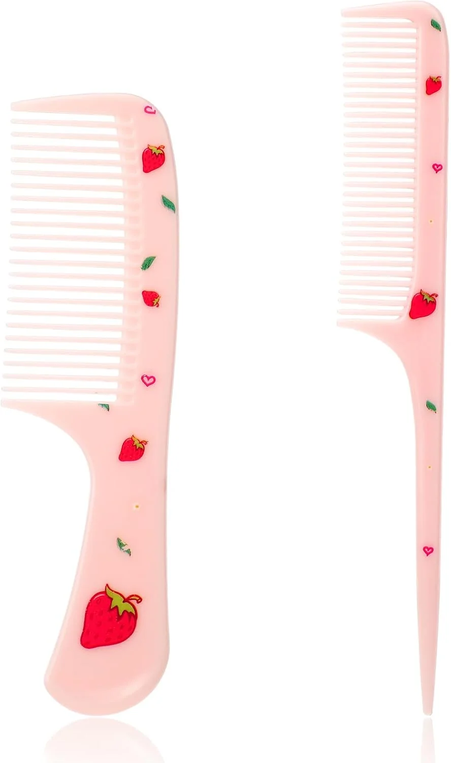 شانه مو زنانه، ست 2 عددی شانه مو طرح میوه توت فرنگی صورتی، شانه دم موشی دندانه ریز پلاستیکی، ابزار حالت دهی مو برای زنان و دختران مناسب انواع مو بلند کوتاه خیس خشک مجعد و صاف (صورتی)