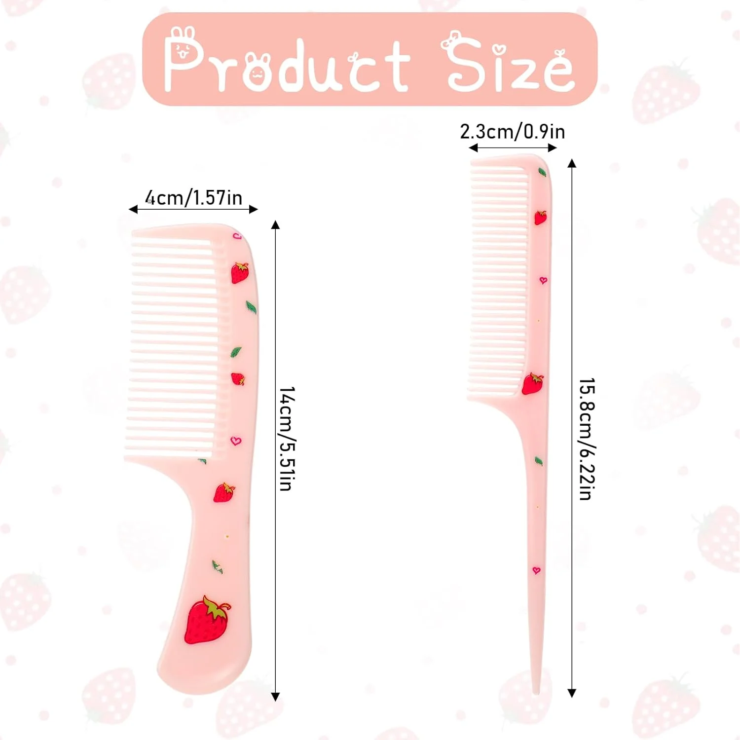 شانه مو زنانه، ست 2 عددی شانه مو طرح میوه توت فرنگی صورتی، شانه دم موشی دندانه ریز پلاستیکی، ابزار حالت دهی مو برای زنان و دختران مناسب انواع مو بلند کوتاه خیس خشک مجعد و صاف (صورتی)
