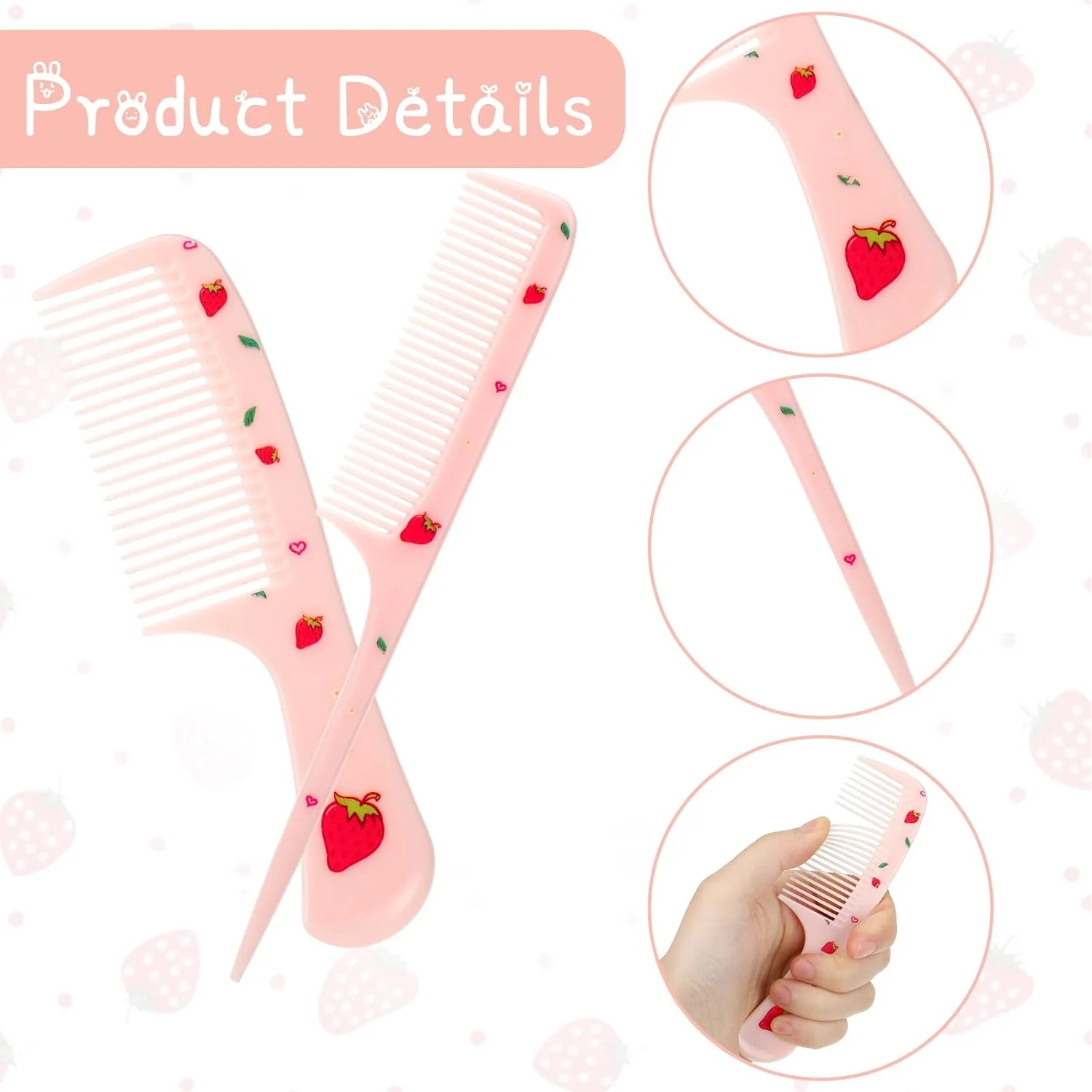 شانه مو زنانه، ست 2 عددی شانه مو طرح میوه توت فرنگی صورتی، شانه دم موشی دندانه ریز پلاستیکی، ابزار حالت دهی مو برای زنان و دختران مناسب انواع مو بلند کوتاه خیس خشک مجعد و صاف (صورتی)
