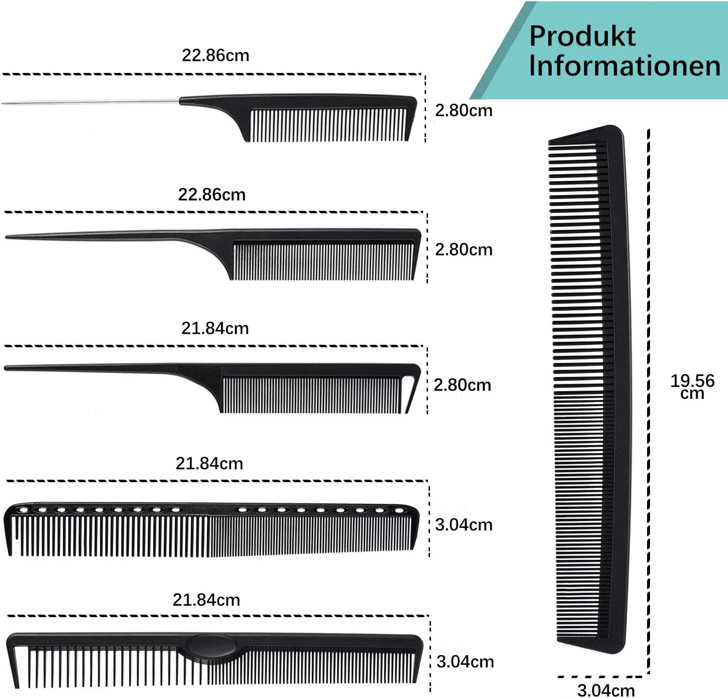 ست شانه مو مقاوم در برابر حرارت شامل شانه دندانه ریز، شانه دم موشی، شانه دندانه پهن، شانه آرایشگری و شانه حالت دهنده (6 عدد، مشکی)