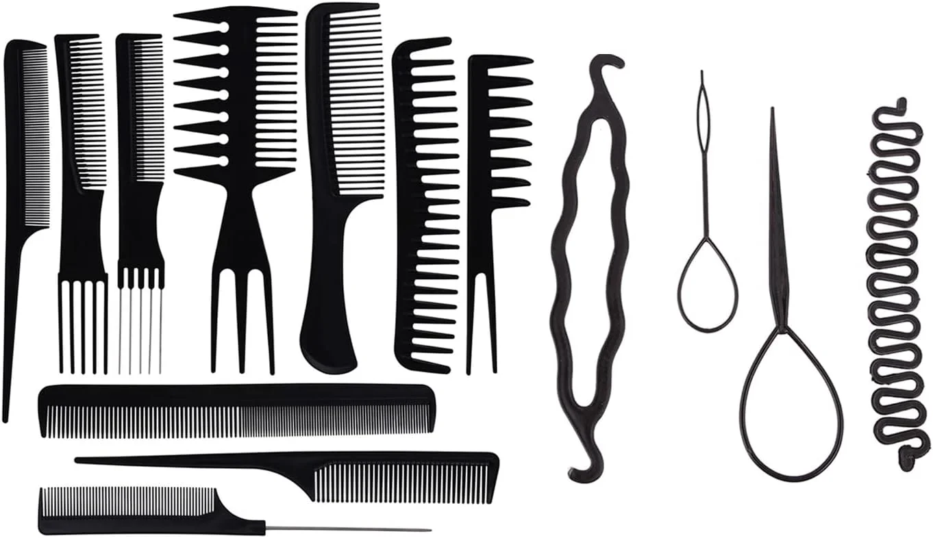 مجموعه شانه مو Calitate24، شانه‌های موی پلاستیکی حرفه‌ای برای آرایش مو، شامل شانه دم موشی، شانه دندانه پهن، شانه باز کننده گره مو برای آرایشگران به همراه ابزار بافت مو 4 عددی (مجموعه 10 عددی)