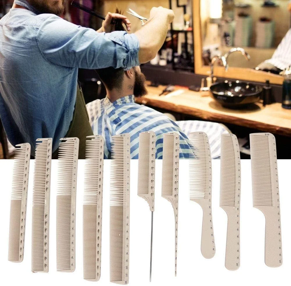 مجموعه 10 عددی شانه موی فیبر کربنی، شانه‌های اندازه گیری، شانه‌های برش مو، شانه دم موشی، ضد الکتریسیته ساکن، مقاوم در برابر حرارت، شانه آرایشگری دندانه ریز و پهن برای حالت دادن به مو