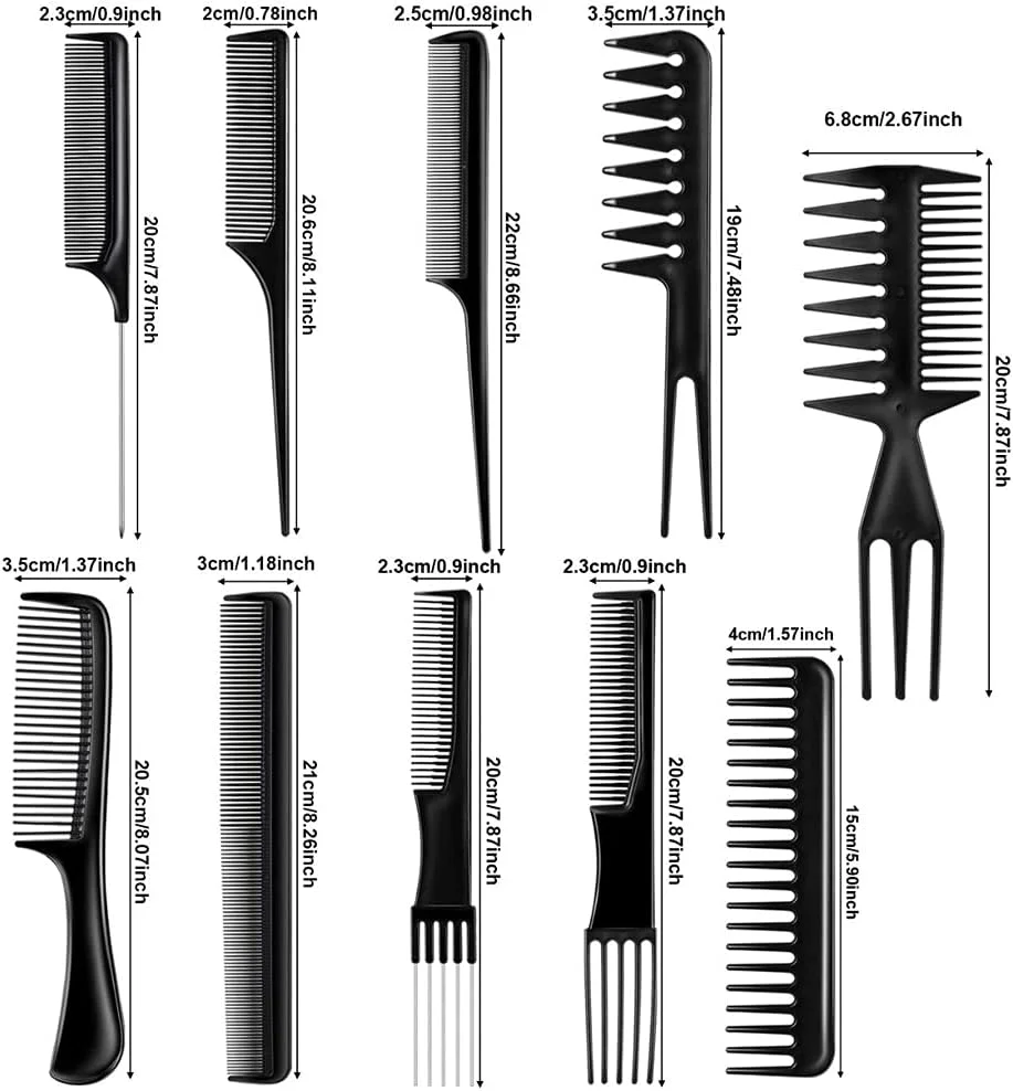 Calitate24 مجموعه شانه مو حرفه ای 10 عددی، شامل شانه حالت دهنده مو پلاستیکی، شانه دم موشی، شانه دندانه پهن، شانه ضد گره، شانه های آرایشگری یونیسکس برای انواع مو به همراه 1 برس مویی