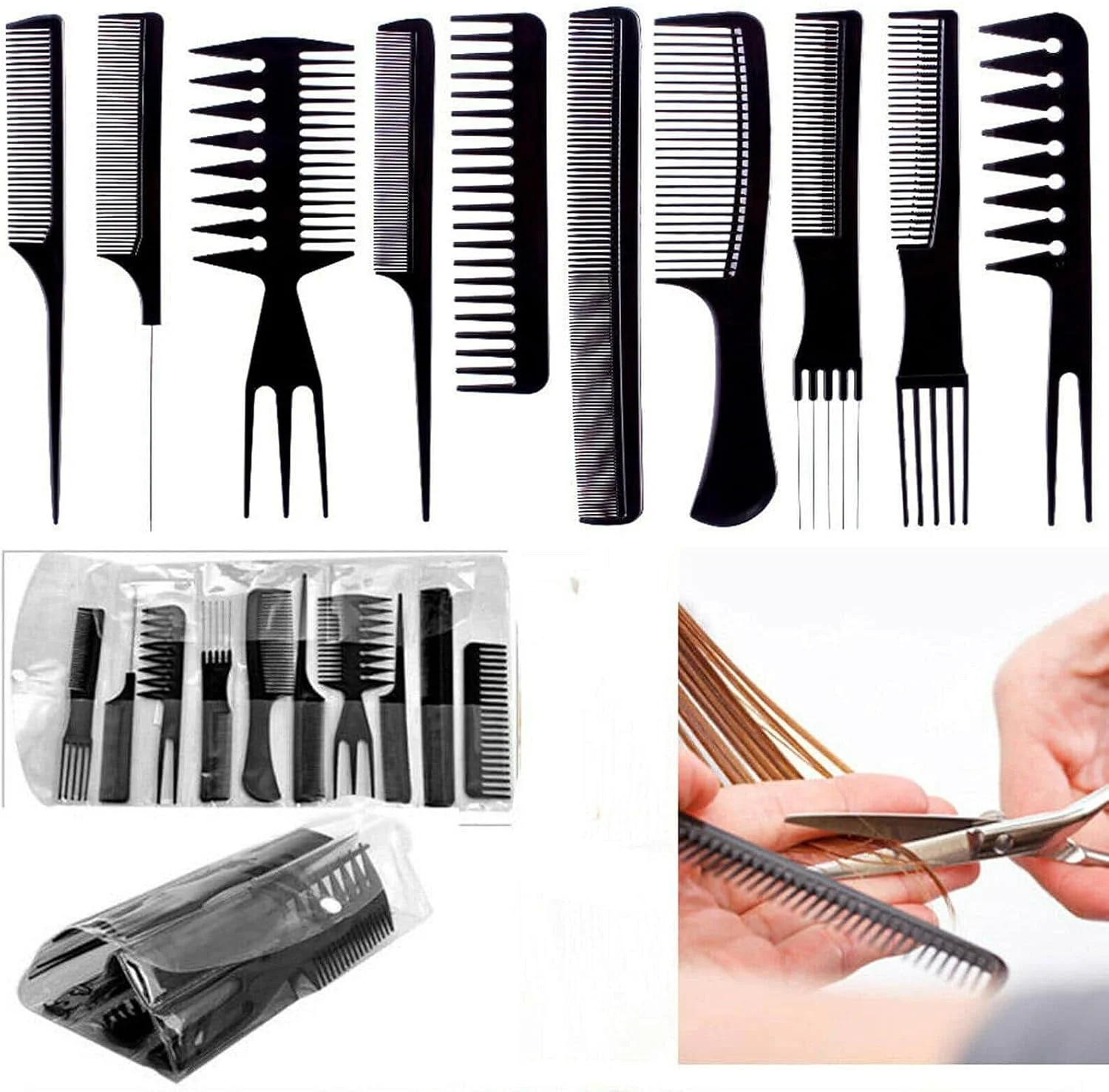 مجموعه شانه مو Calitate24، شانه‌های موی پلاستیکی حرفه‌ای برای آرایش مو، شامل شانه دم موشی، شانه دندانه پهن، شانه باز کننده گره مو برای آرایشگران به همراه ابزار بافت مو 4 عددی (مجموعه 10 عددی)