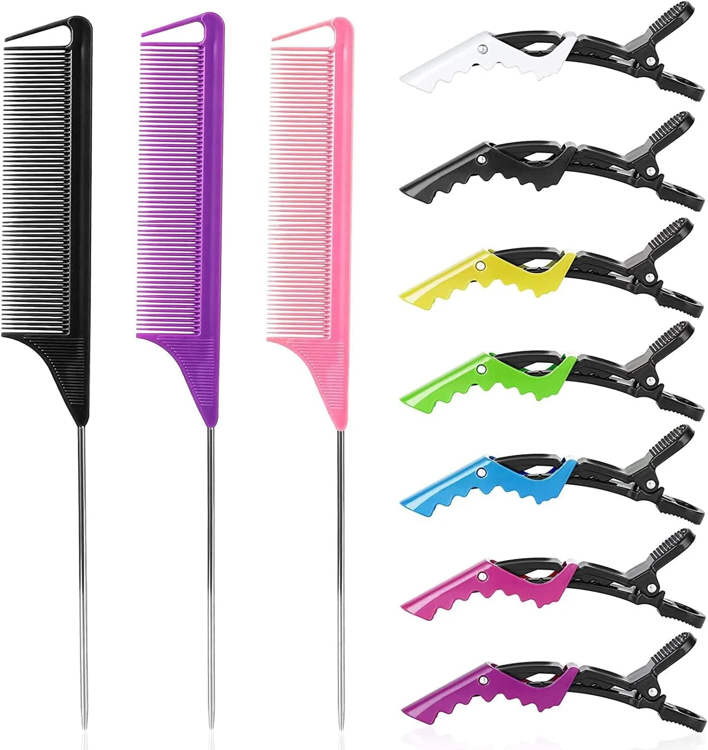 شانه دم موشی بوکلا، گیره مو، شانه فرق باز کن برای بافت مو، شانه فلزی با پین فولادی بلند، شانه پوش دهنده دم موشی، گیره های تقسیم بندی سوسماری حالت دهنده حرفه ای مو، 3 عدد + 7 عدد