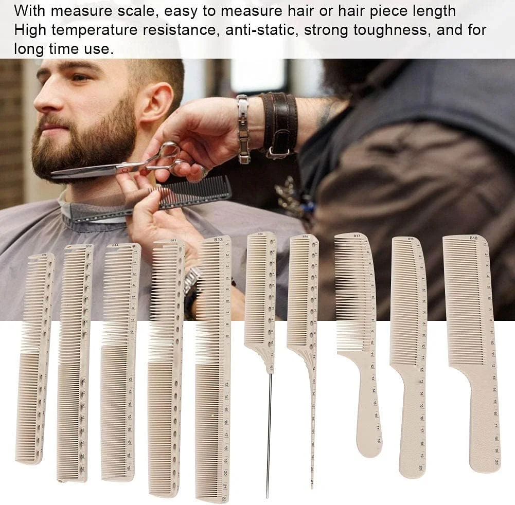 مجموعه 10 عددی شانه موی فیبر کربنی، شانه‌های اندازه گیری، شانه‌های برش مو، شانه دم موشی، ضد الکتریسیته ساکن، مقاوم در برابر حرارت، شانه آرایشگری دندانه ریز و پهن برای حالت دادن به مو