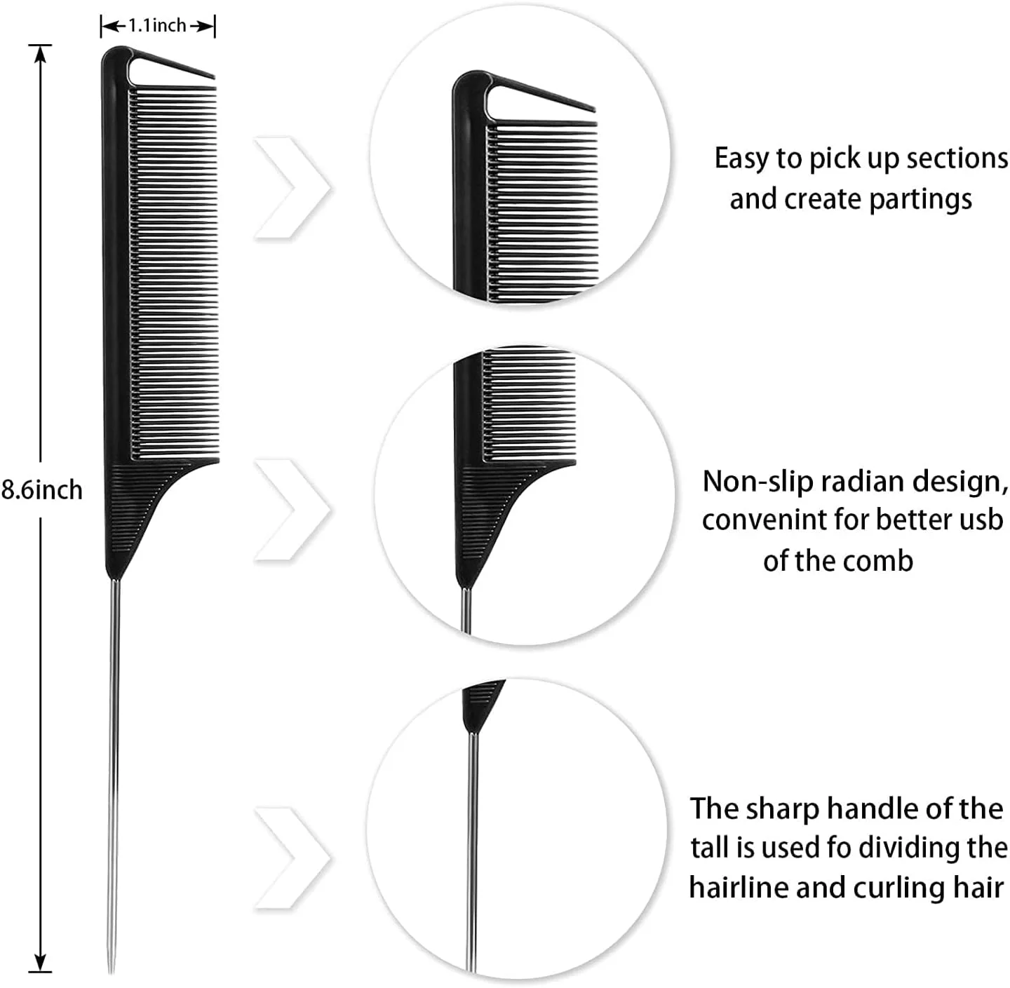 شانه دم موشی بوکلا، گیره مو، شانه فرق باز کن برای بافت مو، شانه فلزی با پین فولادی بلند، شانه پوش دهنده دم موشی، گیره های تقسیم بندی سوسماری حالت دهنده حرفه ای مو، 3 عدد + 7 عدد