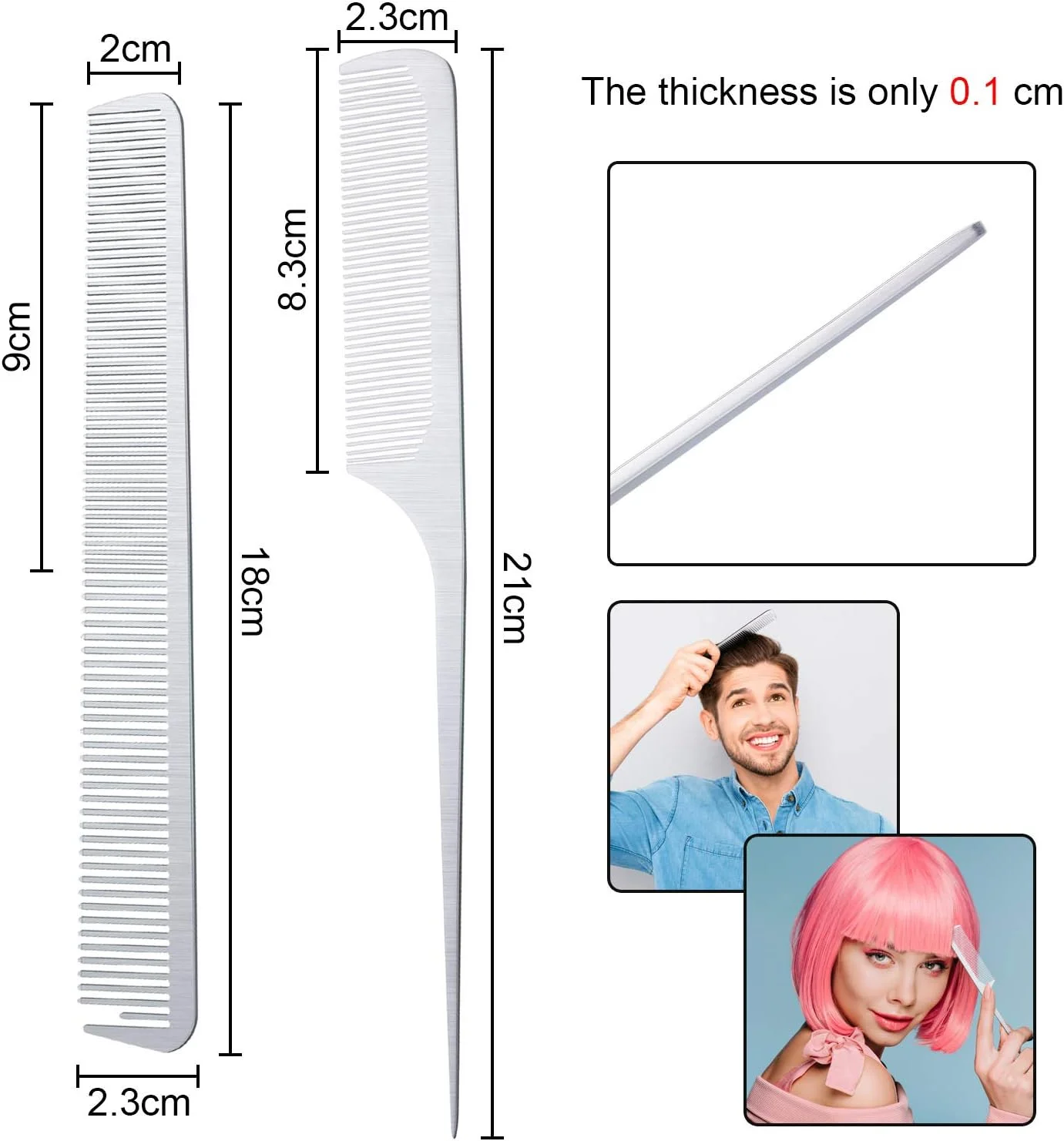 شانه دم موشی فلزی Boao، بسته 2 عددی، شانه دم موشی نقره ای و شانه برش دقیق، شانه حالت دهنده و برش مو از جنس استیل ضد زنگ، بزرگسال (مناسب برای همه)