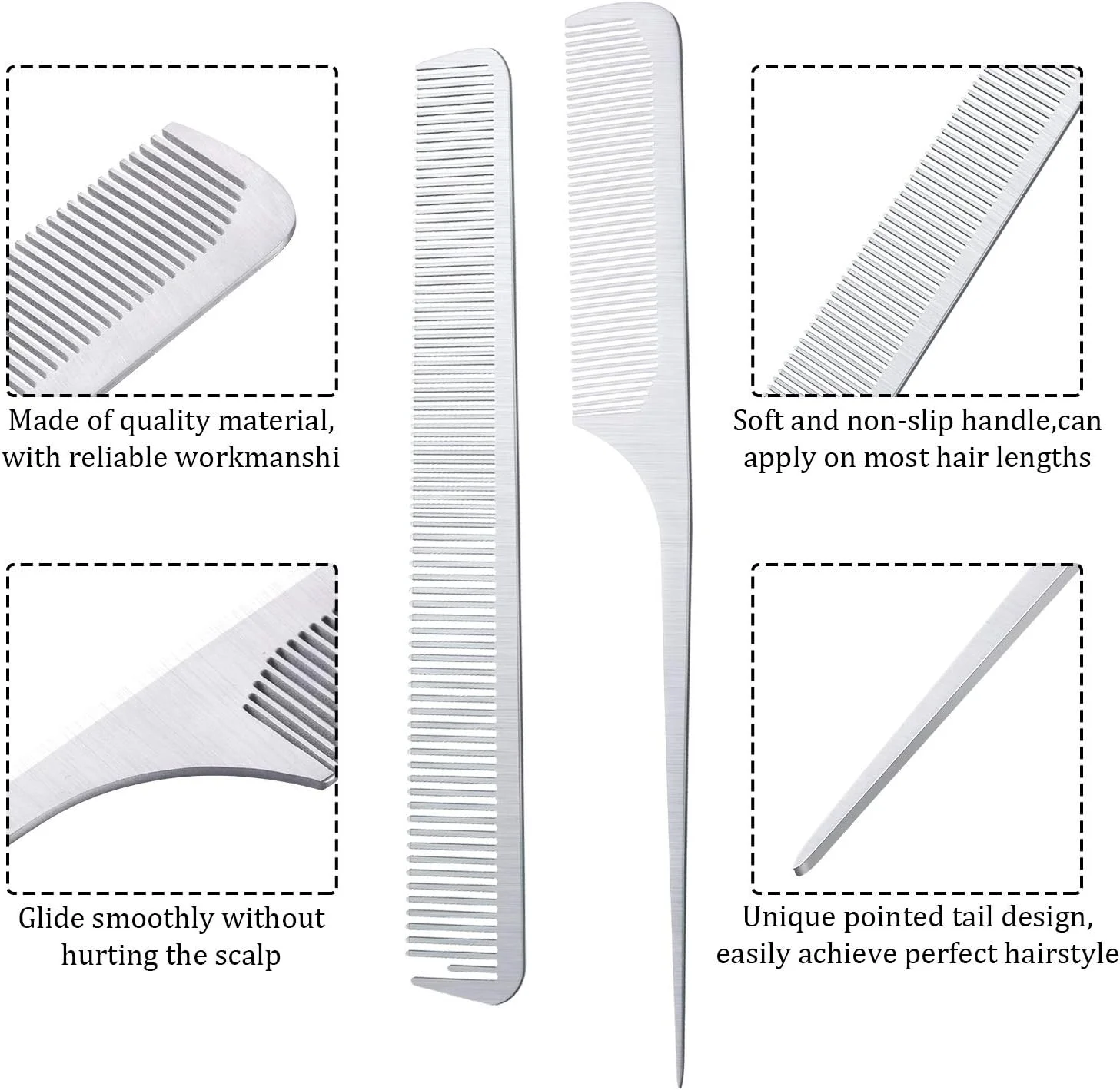 شانه دم موشی فلزی Boao، بسته 2 عددی، شانه دم موشی نقره ای و شانه برش دقیق، شانه حالت دهنده و برش مو از جنس استیل ضد زنگ، بزرگسال (مناسب برای همه)