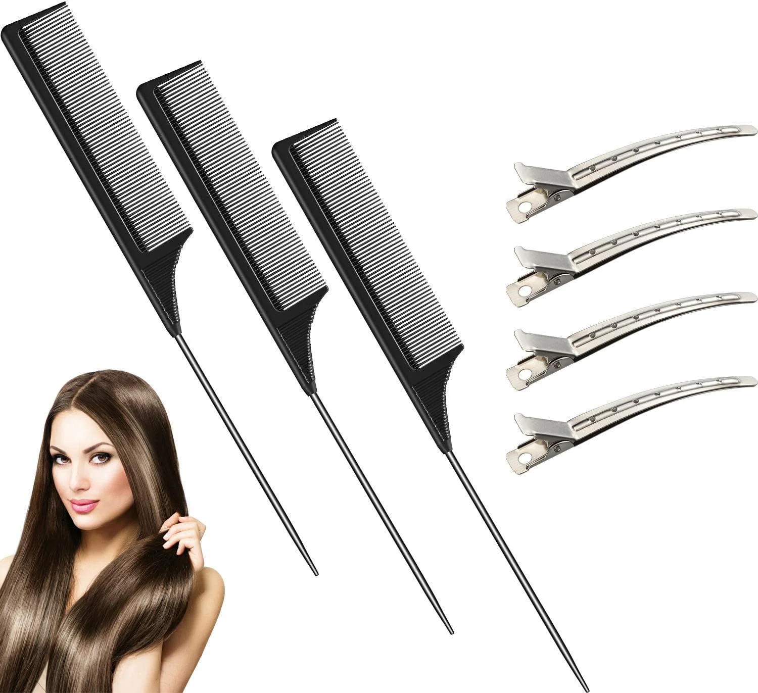 بوائو 3 عدد شانه دم موشی کربنی، شانه پوش دهنده مو، شانه دم باریک استیل، شانه پوش دهنده مقاوم در برابر حرارت، گیره های فر فلزی سوسماری (مشکی)