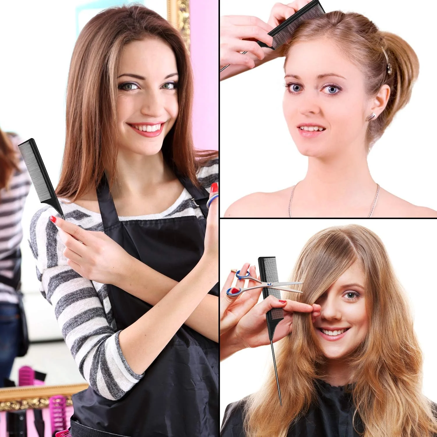 بوائو 3 عدد شانه دم موشی کربنی، شانه پوش دهنده مو، شانه دم باریک استیل، شانه پوش دهنده مقاوم در برابر حرارت، گیره های فر فلزی سوسماری (مشکی)