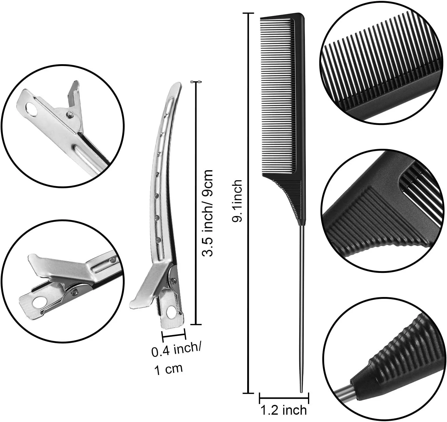 بوائو 3 عدد شانه دم موشی کربنی، شانه پوش دهنده مو، شانه دم باریک استیل، شانه پوش دهنده مقاوم در برابر حرارت، گیره های فر فلزی سوسماری (مشکی)