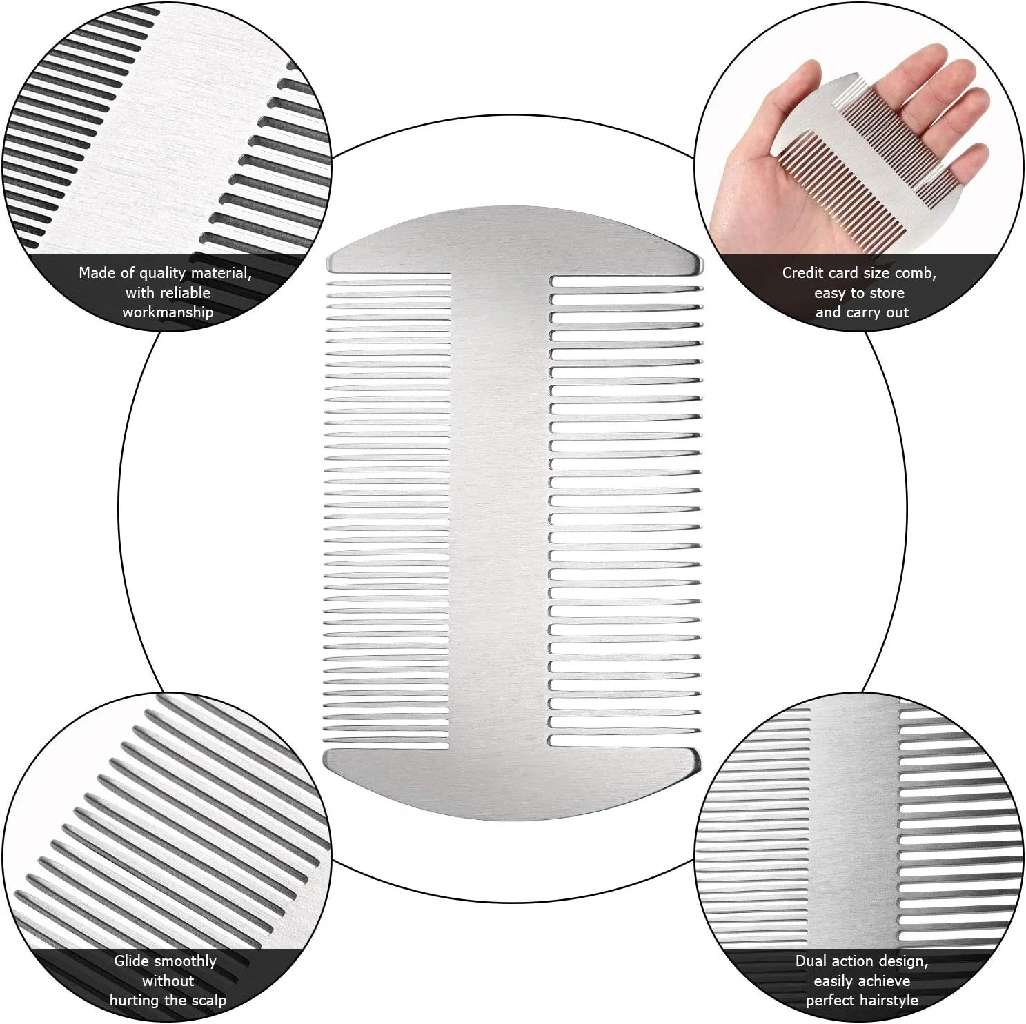 شانه جیبی استیل Boao، 2 عدد، شانه نقره ای فلزی، مناسب برای حالت دادن و مرتب کردن مو