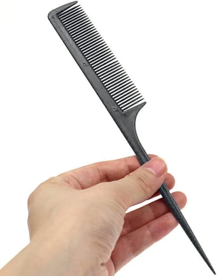 Black Rat Tail Comb Fine Pro Tail Combs Rat Tail Carbon Fiber Heat Resistant Teasing Combs with Plastic Pintail, Dresser Hair Comb Styling Comb for Men and Women - Parting Teasing Styling Tools