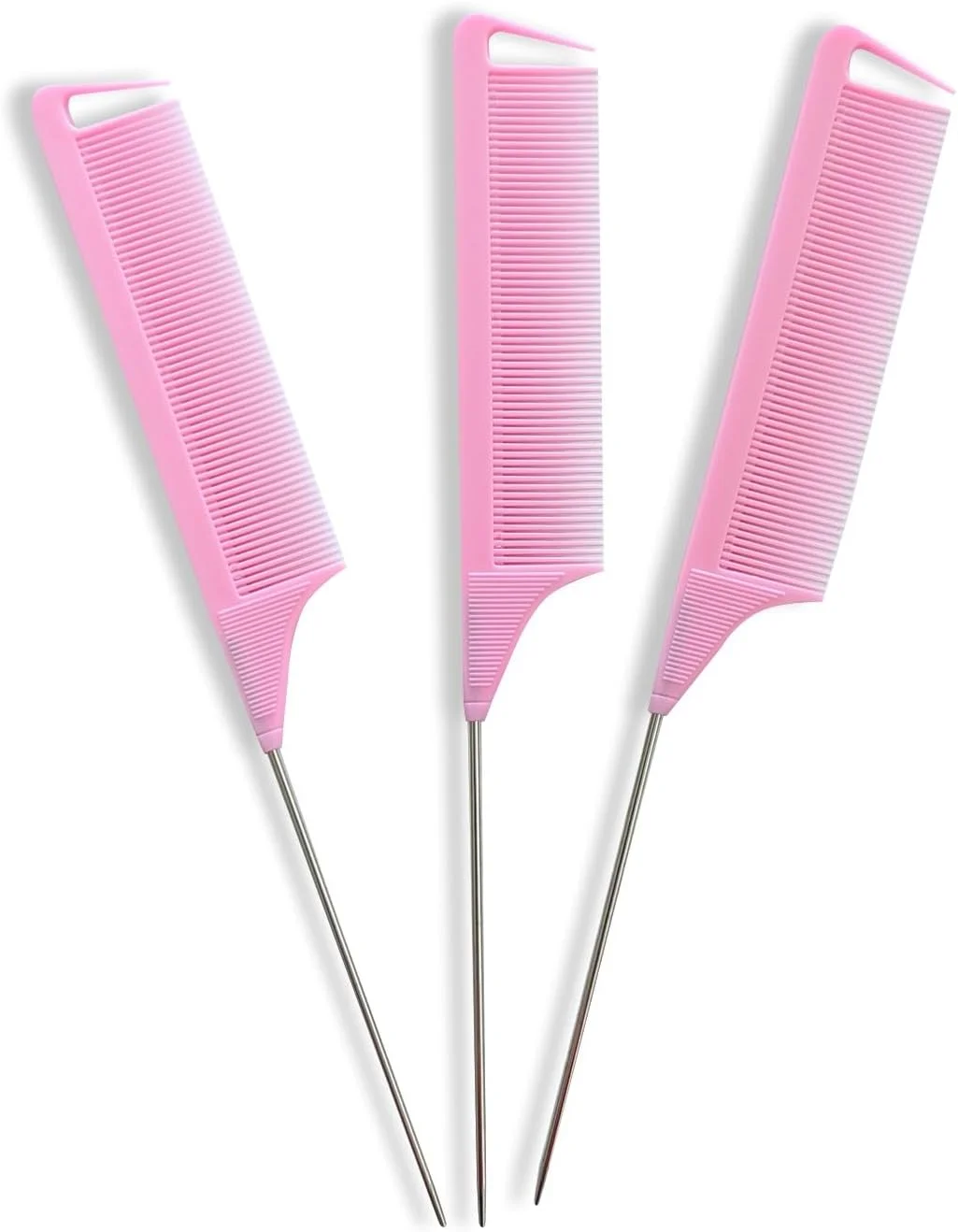 شانه دم موشی BeaverStrong، بسته 3 عددی، شانه‌های جداکننده مقاوم در برابر حرارت با دم فلزی استیل (صورتی)