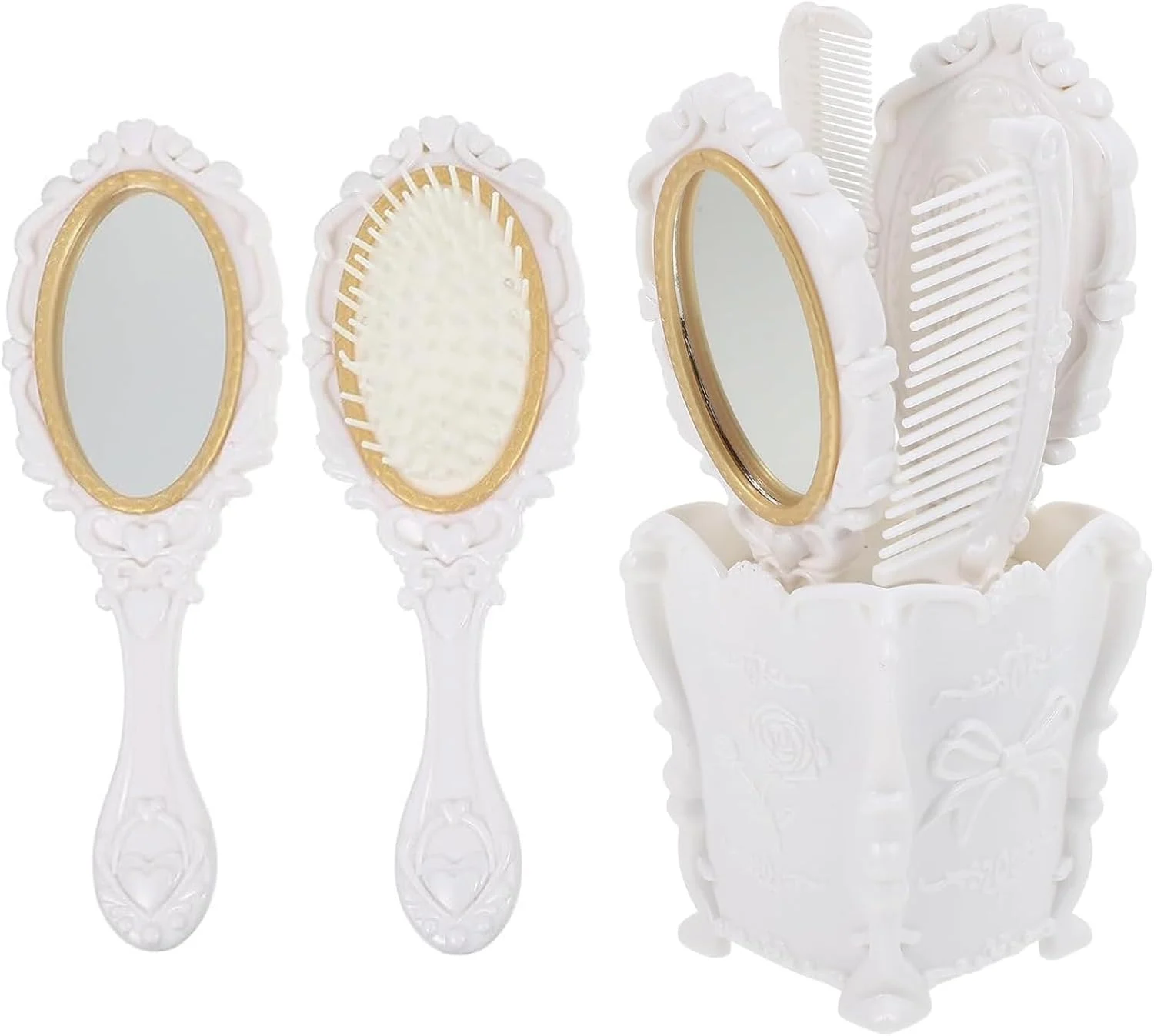 مجموعه آینه دستی و شانه وینتیج Beavorty، شامل آینه آرایشی، شانه، برس مو، برس باز کننده گره مو و شانه دم موشی به همراه نگهدارنده شانه - سفید