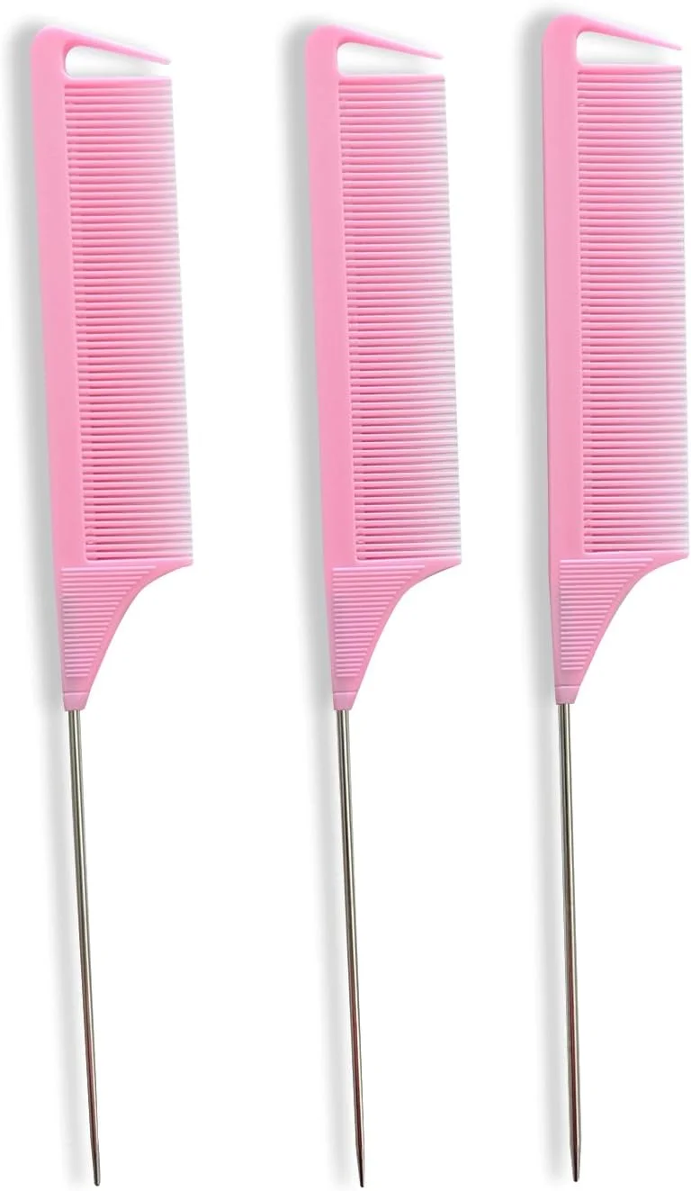 شانه دم موشی BeaverStrong، بسته 3 عددی، شانه‌های جداکننده مقاوم در برابر حرارت با دم فلزی استیل (صورتی)