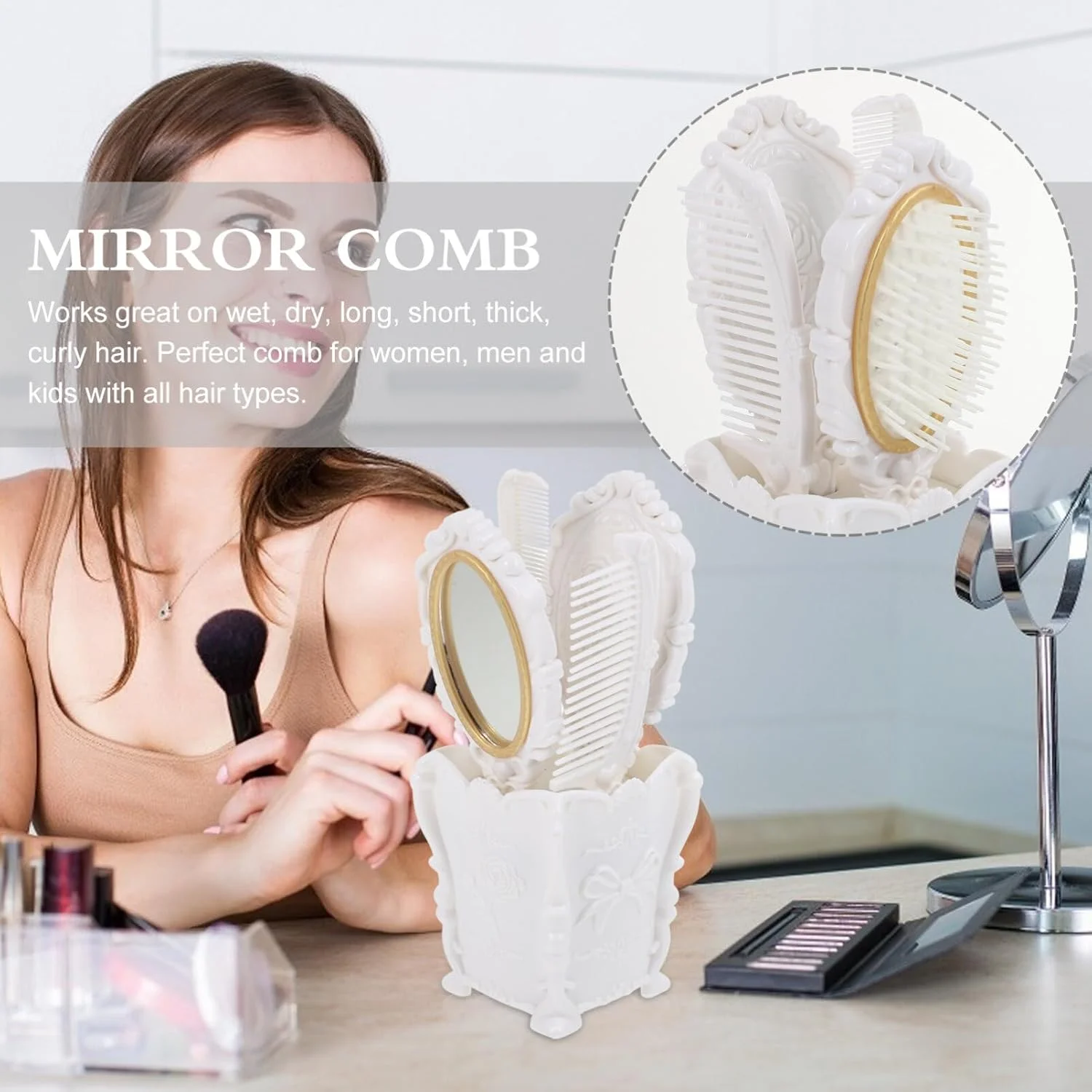 مجموعه آینه دستی و شانه وینتیج Beavorty، شامل آینه آرایشی، شانه، برس مو، برس باز کننده گره مو و شانه دم موشی به همراه نگهدارنده شانه - سفید