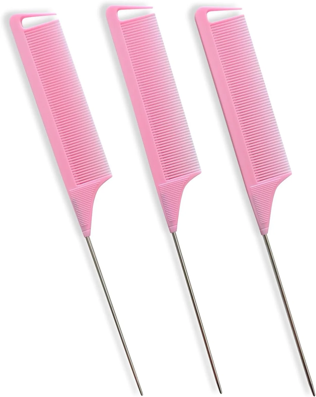 شانه دم موشی BeaverStrong، بسته 3 عددی، شانه‌های جداکننده مقاوم در برابر حرارت با دم فلزی استیل (صورتی)